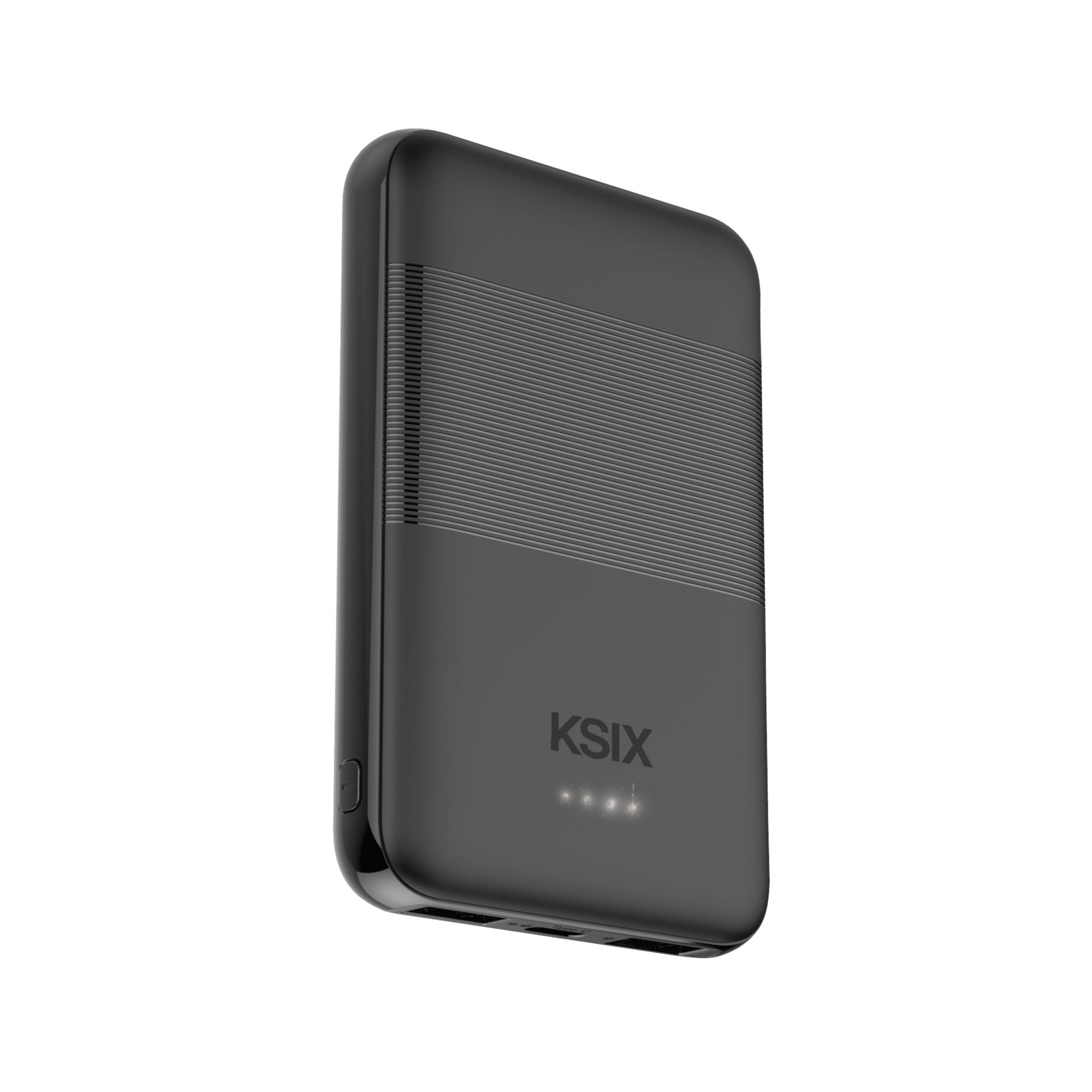 Banco de energía KSIX negro sobre fondo blanco. Tiene una parte superior texturizada, el nombre de la marca e indicadores de estado.