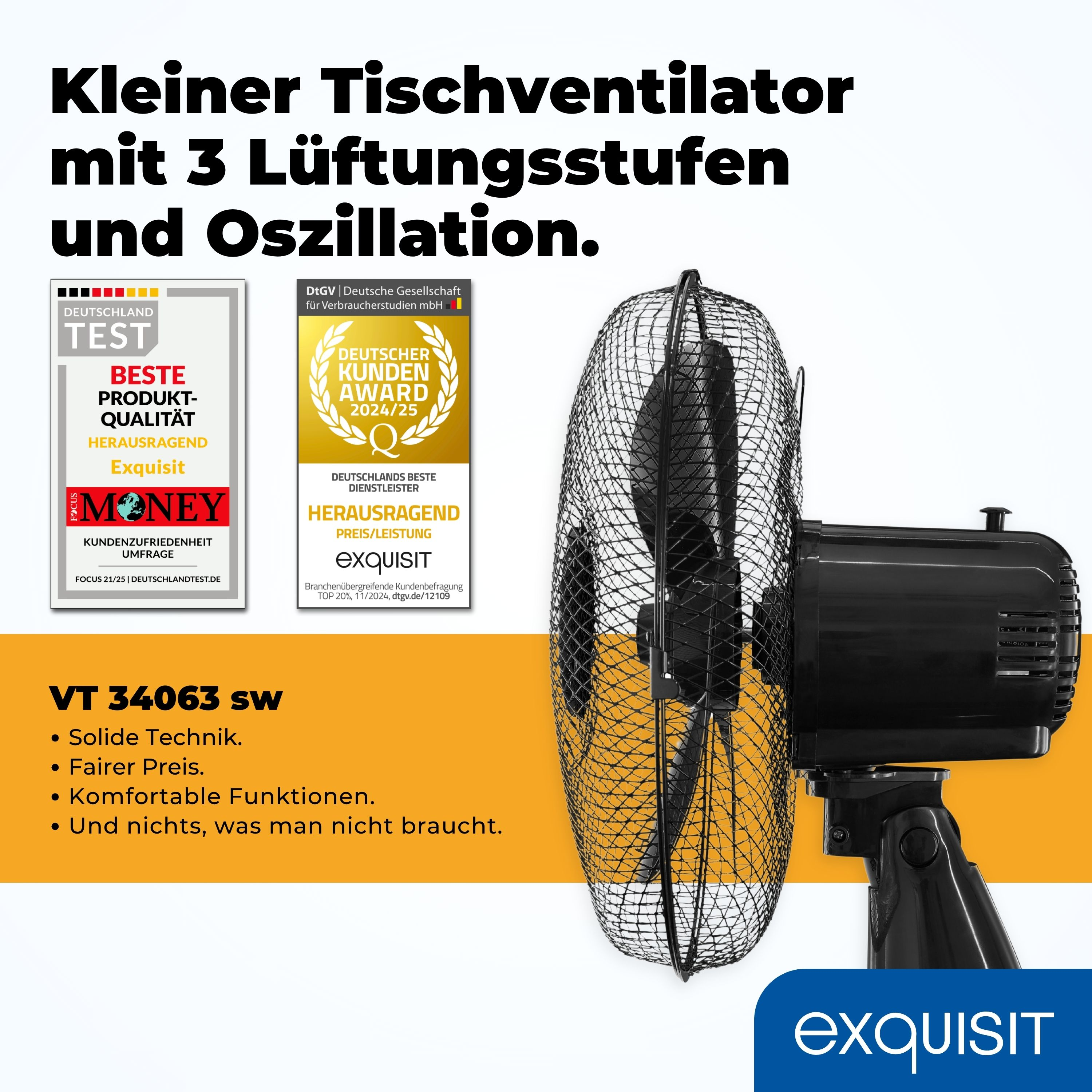 Schwarzer Ventilator mit drei Flügeln. Text beschreibt Produkt und Auszeichnungen. Schwarz.