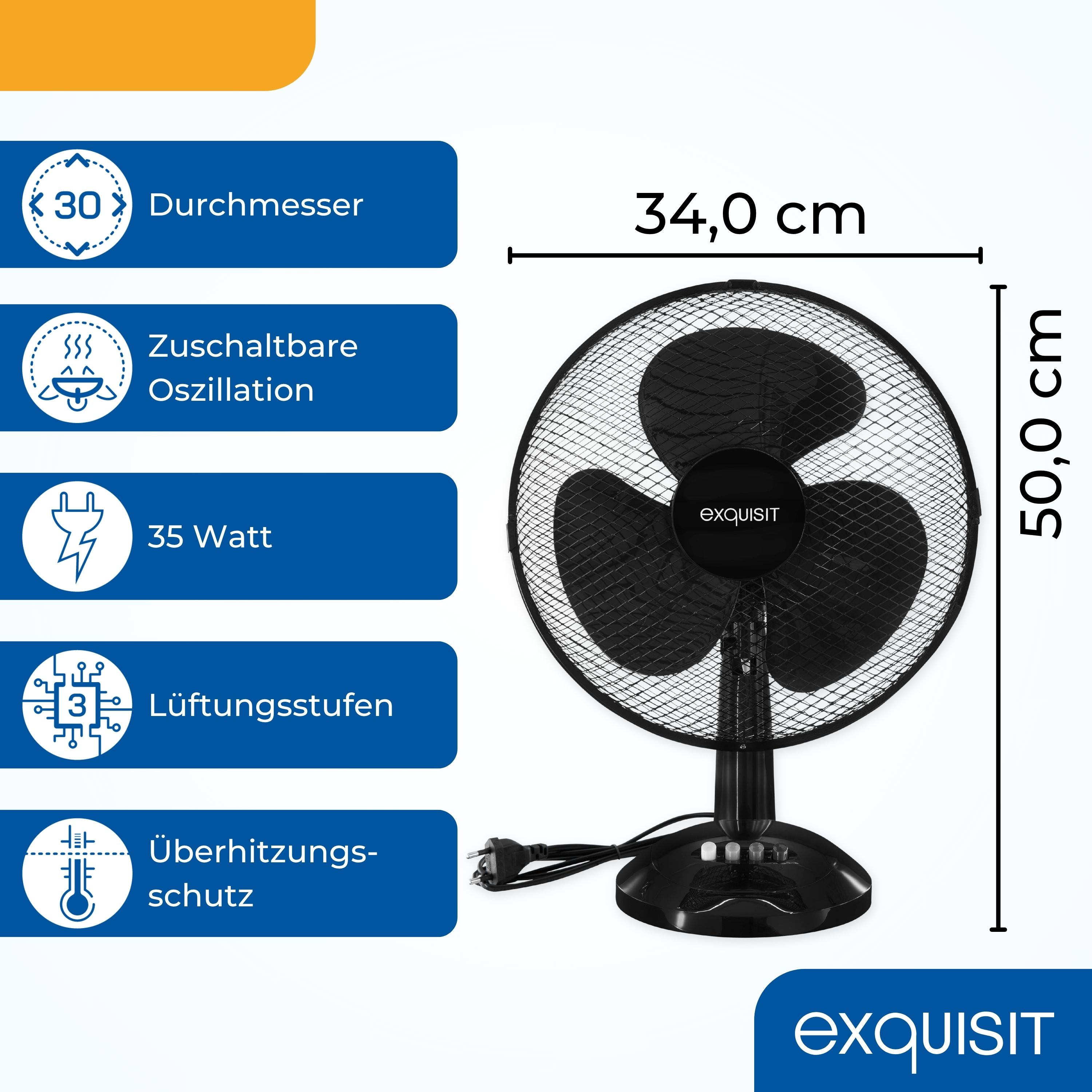 Schwarzer Ventilator mit schwarzem Gitter und schwarzem Sockel. Maße sind angegeben.