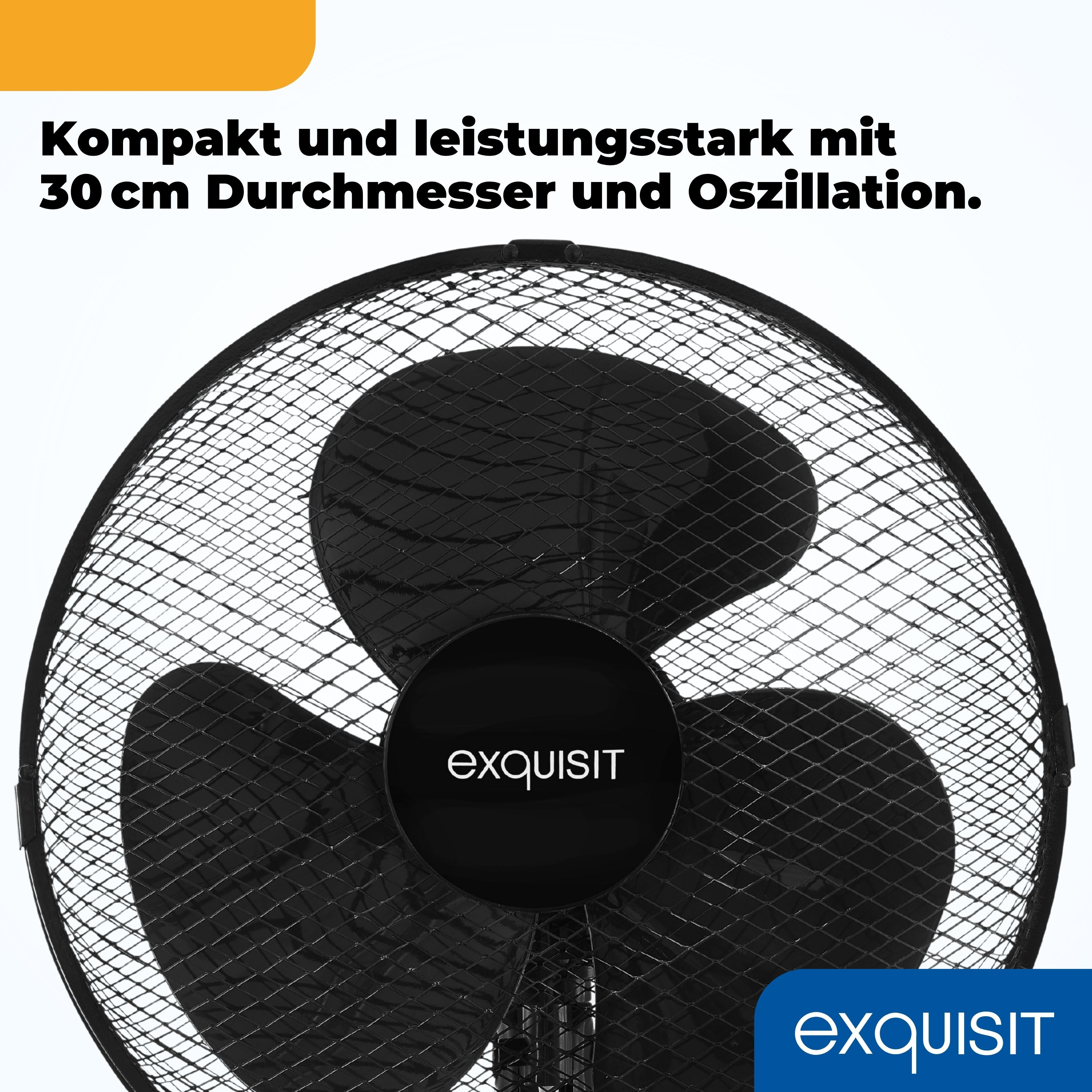 Nahaufnahme eines schwarzen Ventilators mit drei Flügeln. Text zeigt Durchmesser und Produktnamen.