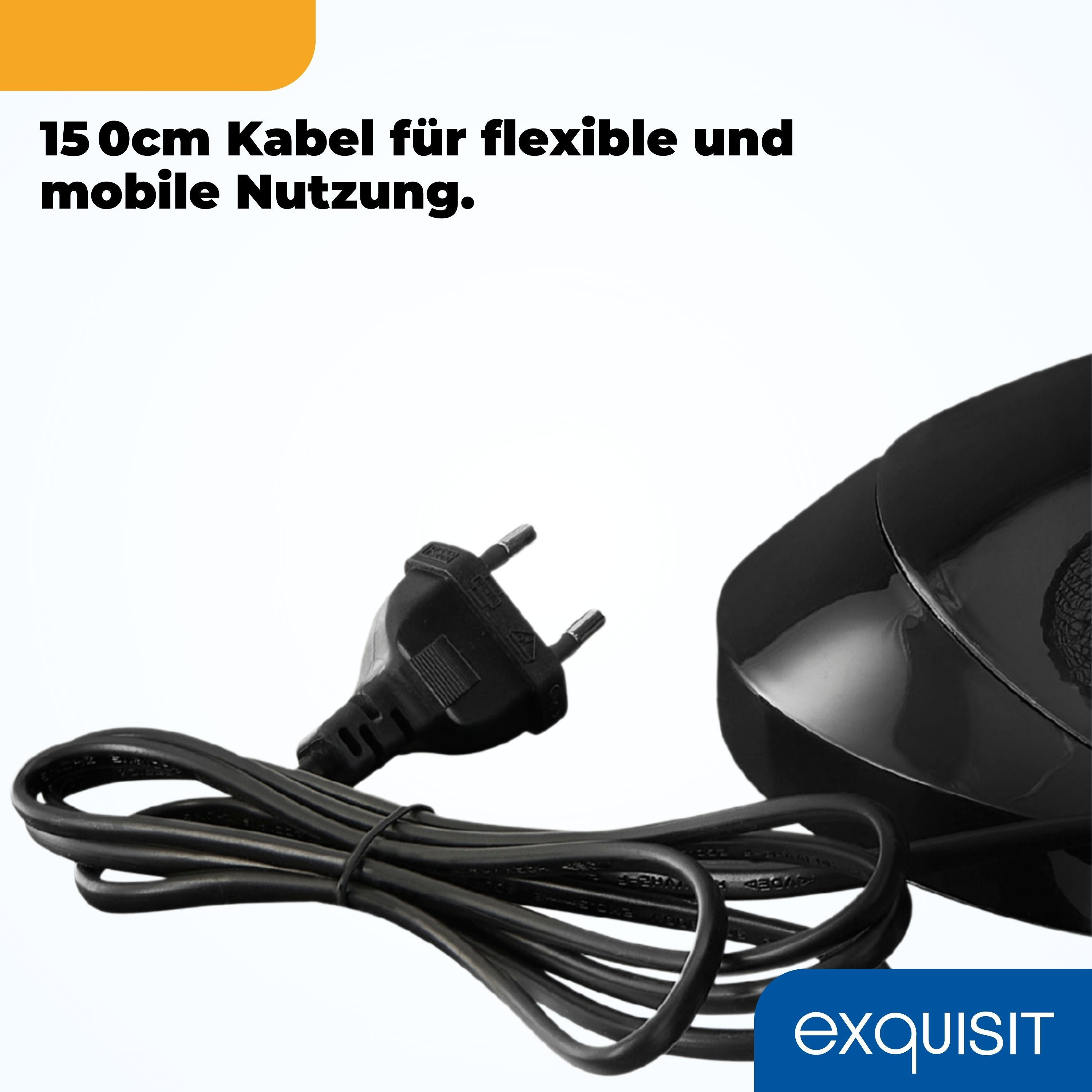 Schwarzes Kabel und Stecker auf weißem Hintergrund. Teil eines schwarzen Geräts ist rechts sichtbar.