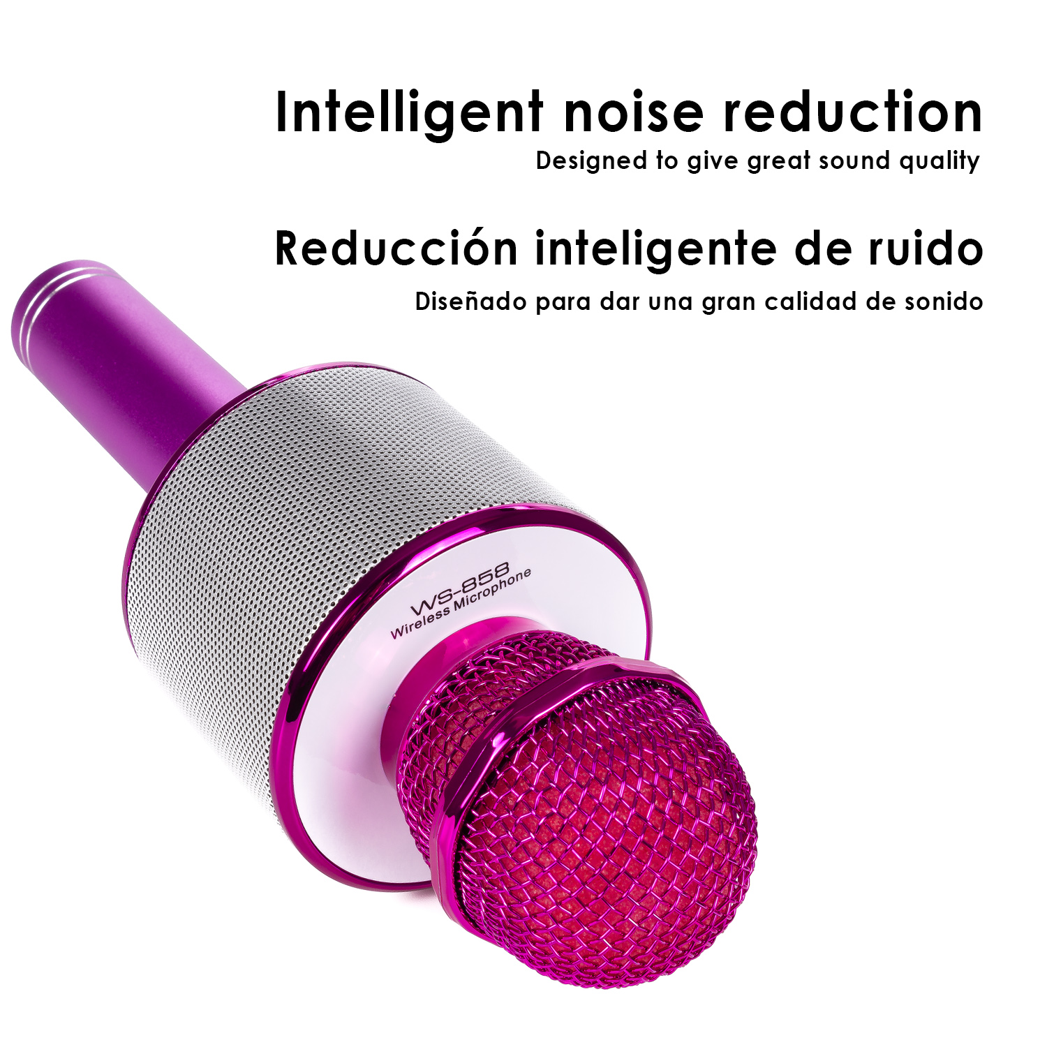 Microfono wireless rosa. Il testo dice 'Riduzione intelligente del rumore' e 'WS-868 Wireless Microphone'.