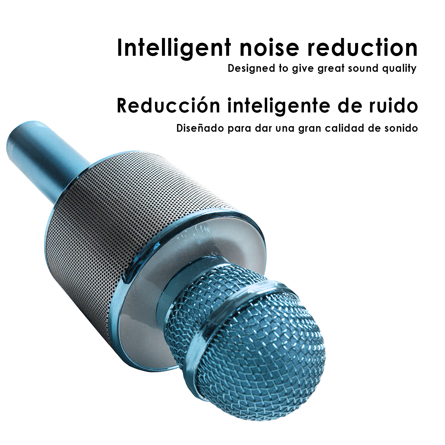 Microfono wireless blu. Il testo dice 'Riduzione intelligente del rumore' e 'WS-868 Wireless Microphone'.