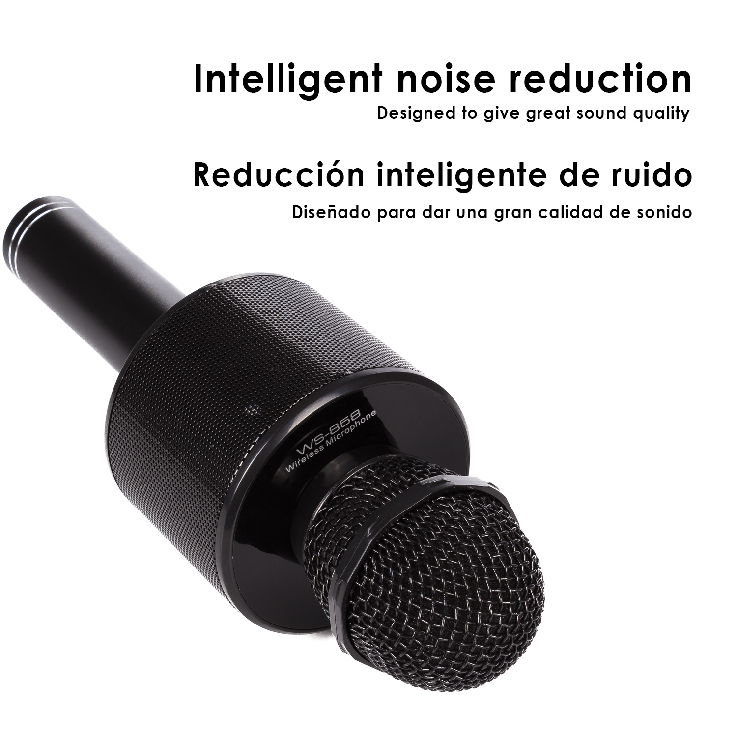 Microfono wireless nero. Il testo dice 'Riduzione intelligente del rumore' e 'WS-868 Wireless Microphone'.