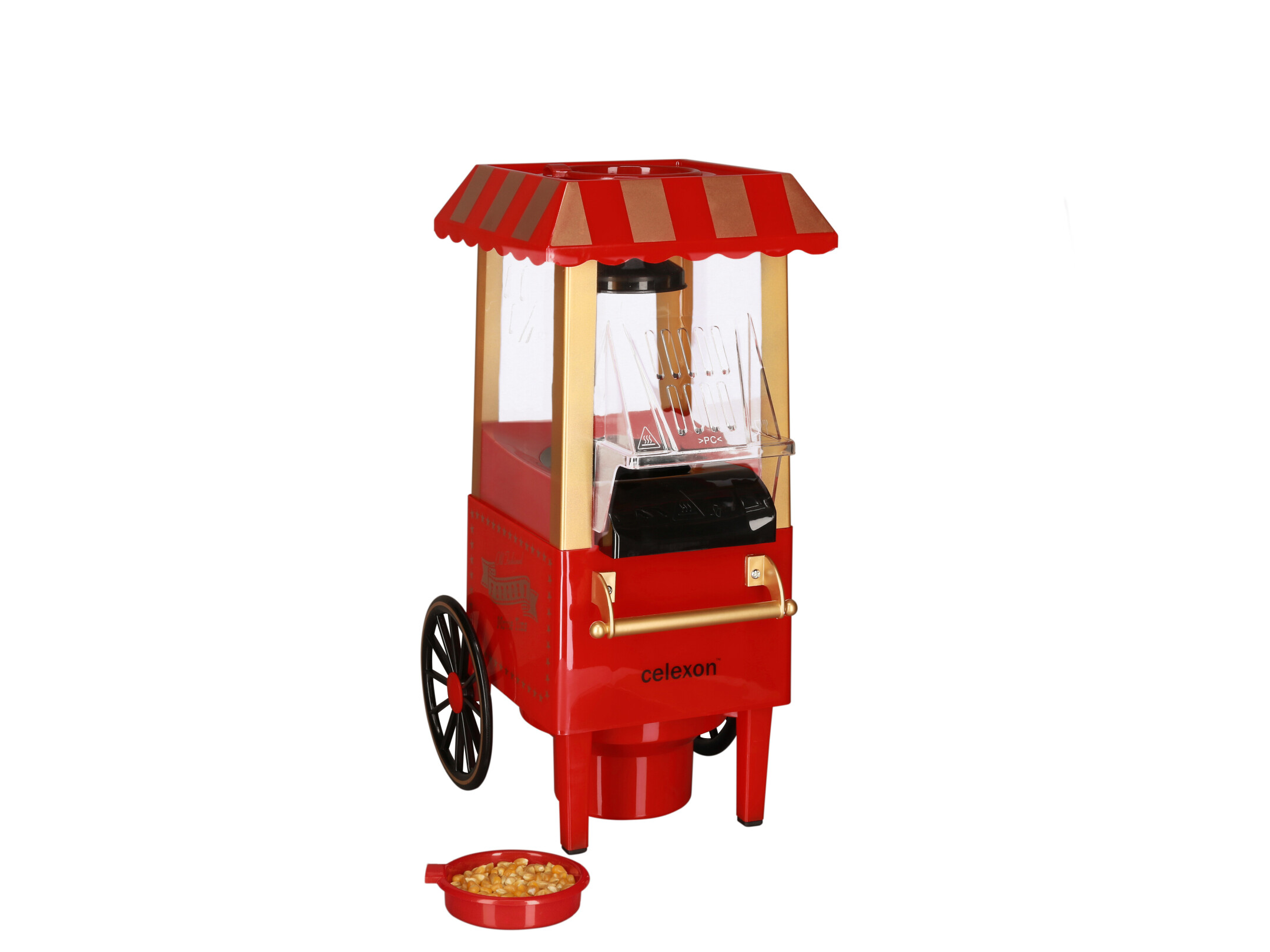 Roter Popcornwagen mit Popcornschüssel davor. Gold-braun gestreifte Markise, Glasseiten und Räder.