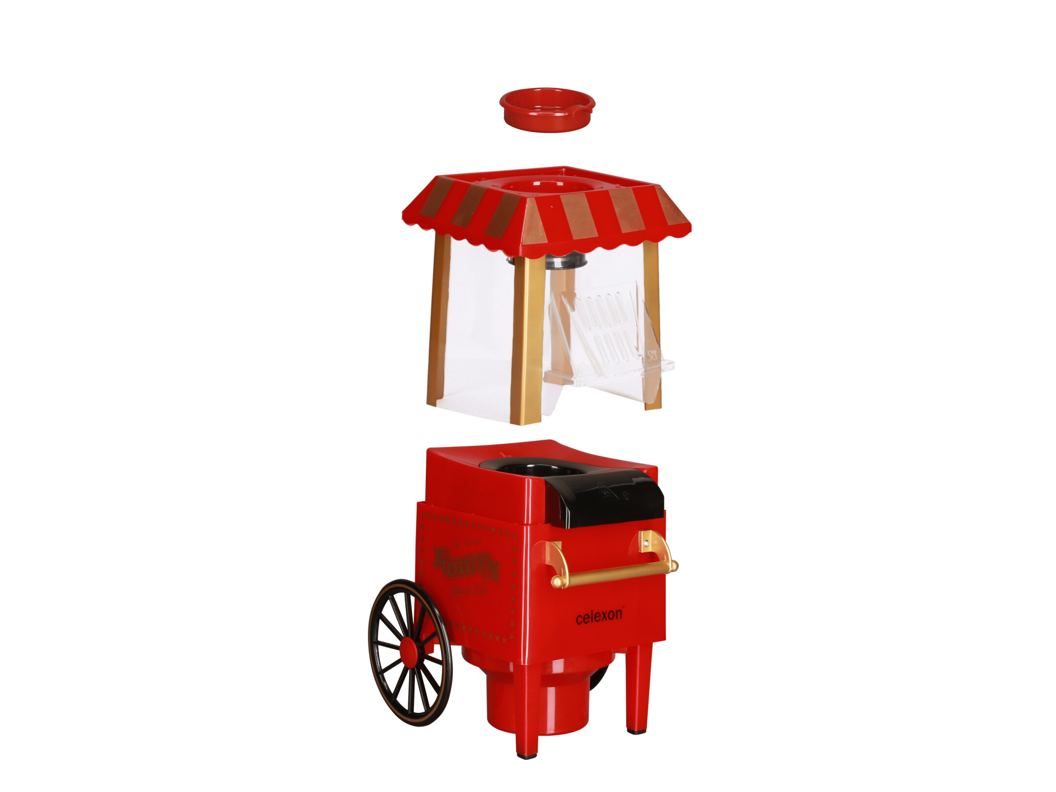 Roter Popcornwagen, zerlegt. Der obere Teil, der Körper und das Rad. Transparentes Glas mit weißem Hintergrund.