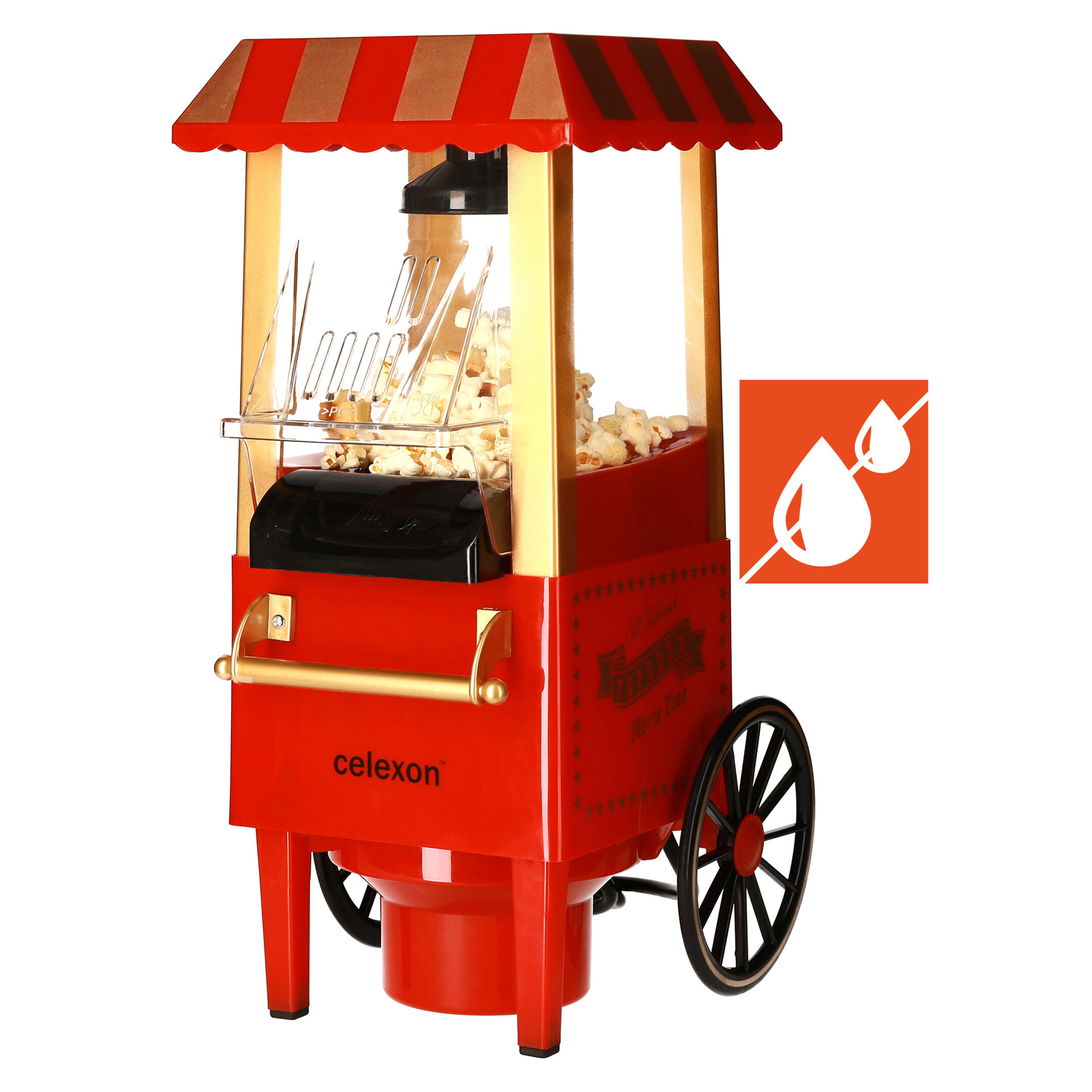 Roter Popcornwagen, gefüllt mit Popcorn. Ein Schild weist auf kein Öl hin. Gold-braune Markise, Glasseiten, schwarze Räder.