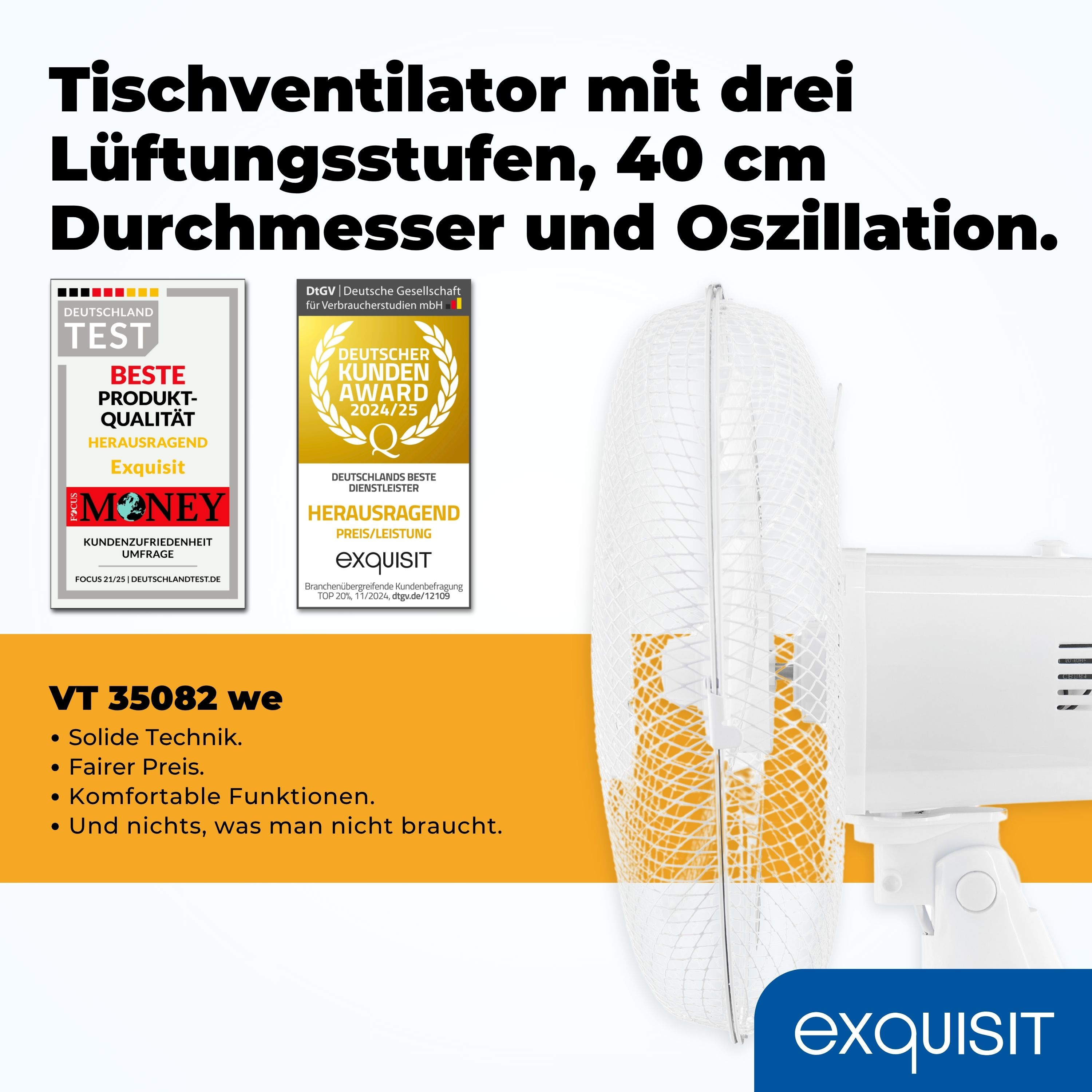 Un ventilador blanco con texto, premios y un logo sobre fondo amarillo y una mesa blanca.