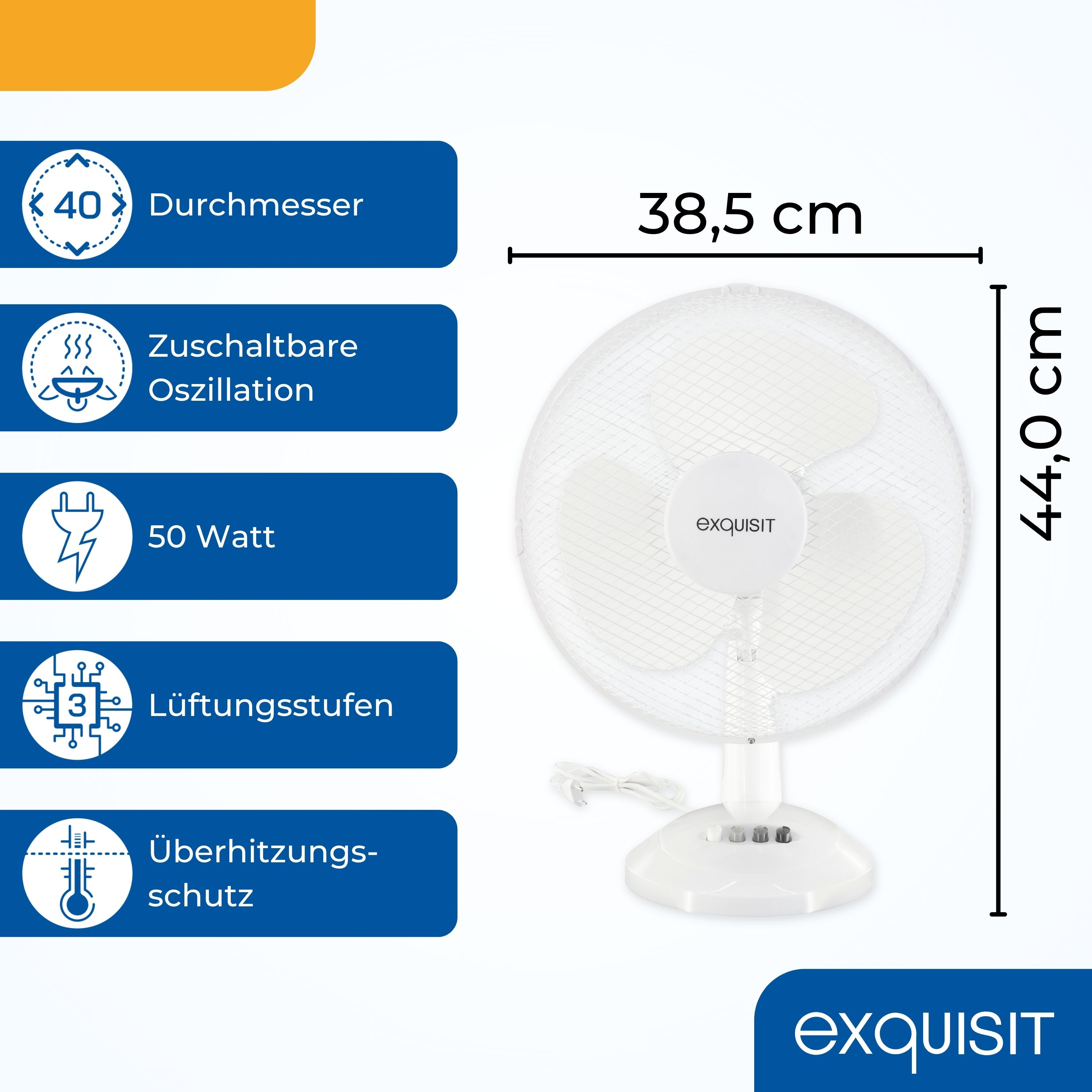 Ventilador blanco con dimensiones y características. 40 cm diámetro, 3 velocidades, protección sobrecalentamiento.