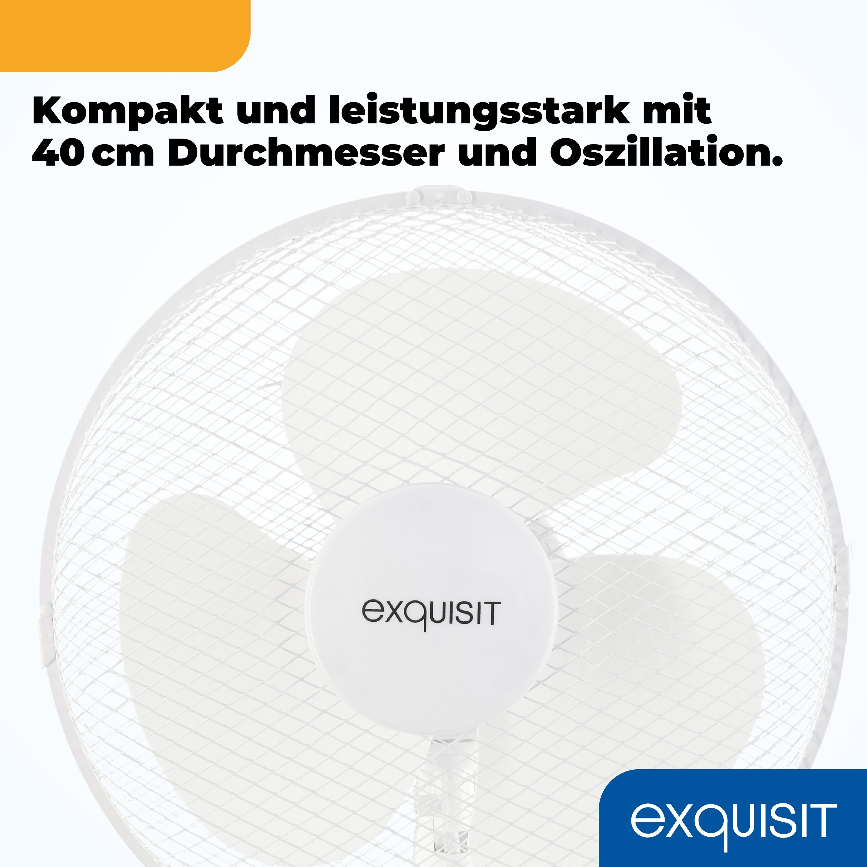 Ventilador blanco mostrando aspas. Texto: 'Compacto y potente con 40 cm de diámetro y oscilación'.