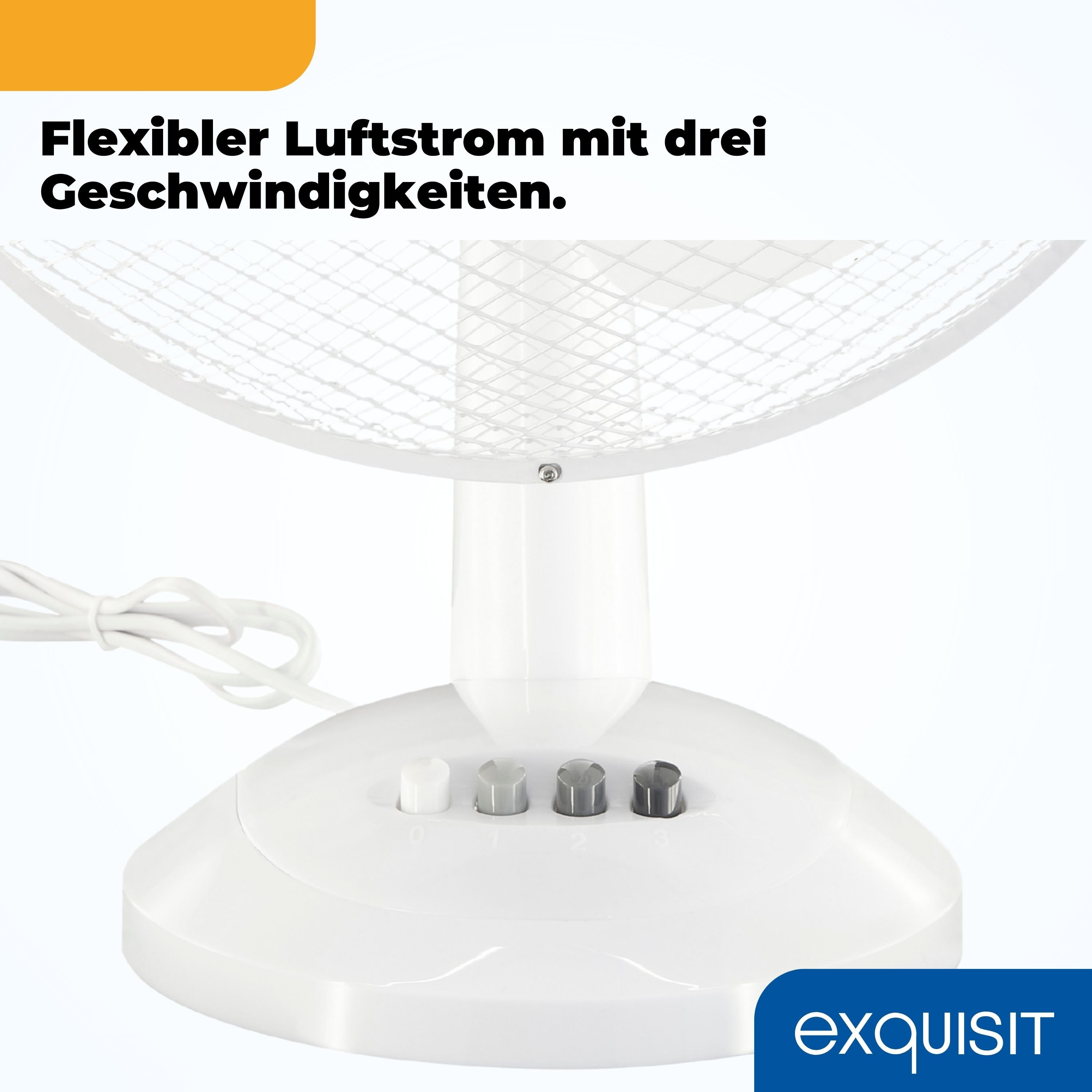 Ventilador blanco con tres ajustes de velocidad. Texto arriba: 'Flujo de aire flexible con tres velocidades'.