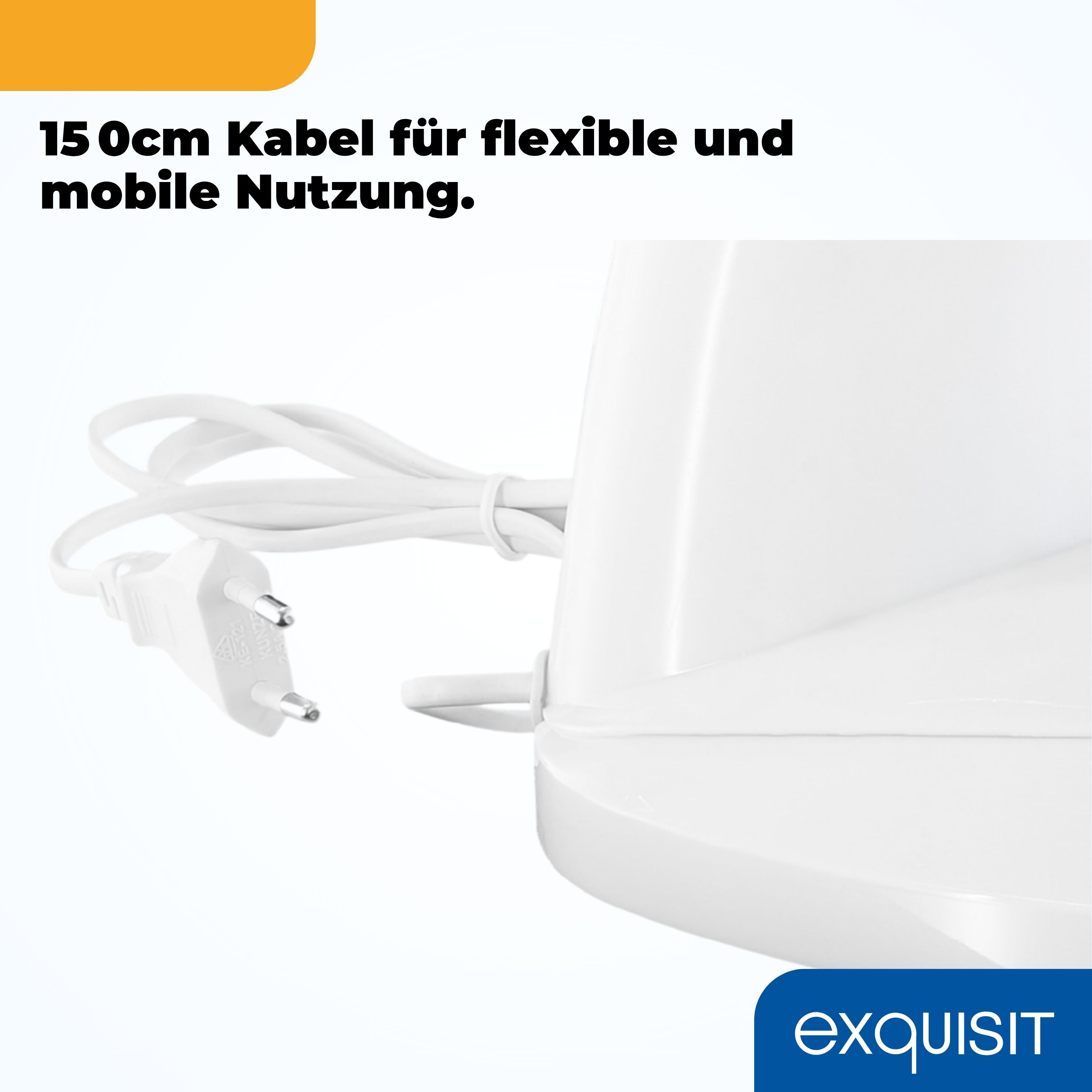 Cable y enchufe de ventilador blanco. Texto: 'Cable de 150 cm para uso flexible y móvil'.