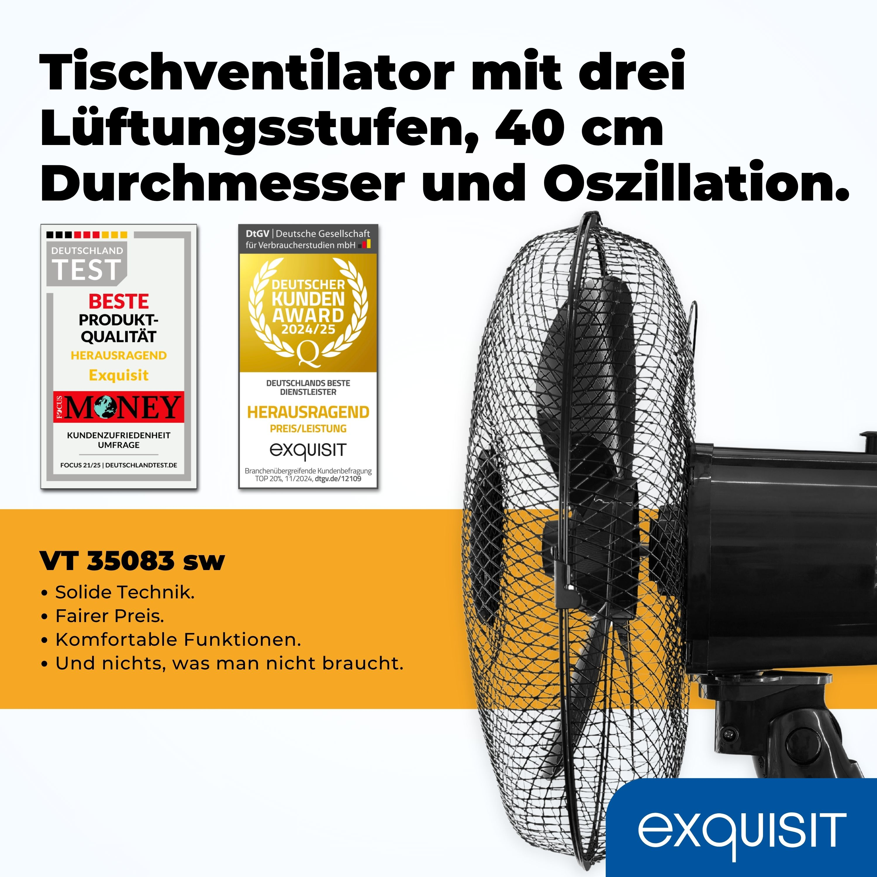 Ventilador de mesa negro con tres velocidades, 40 cm diámetro y oscilación, con premios de calidad.