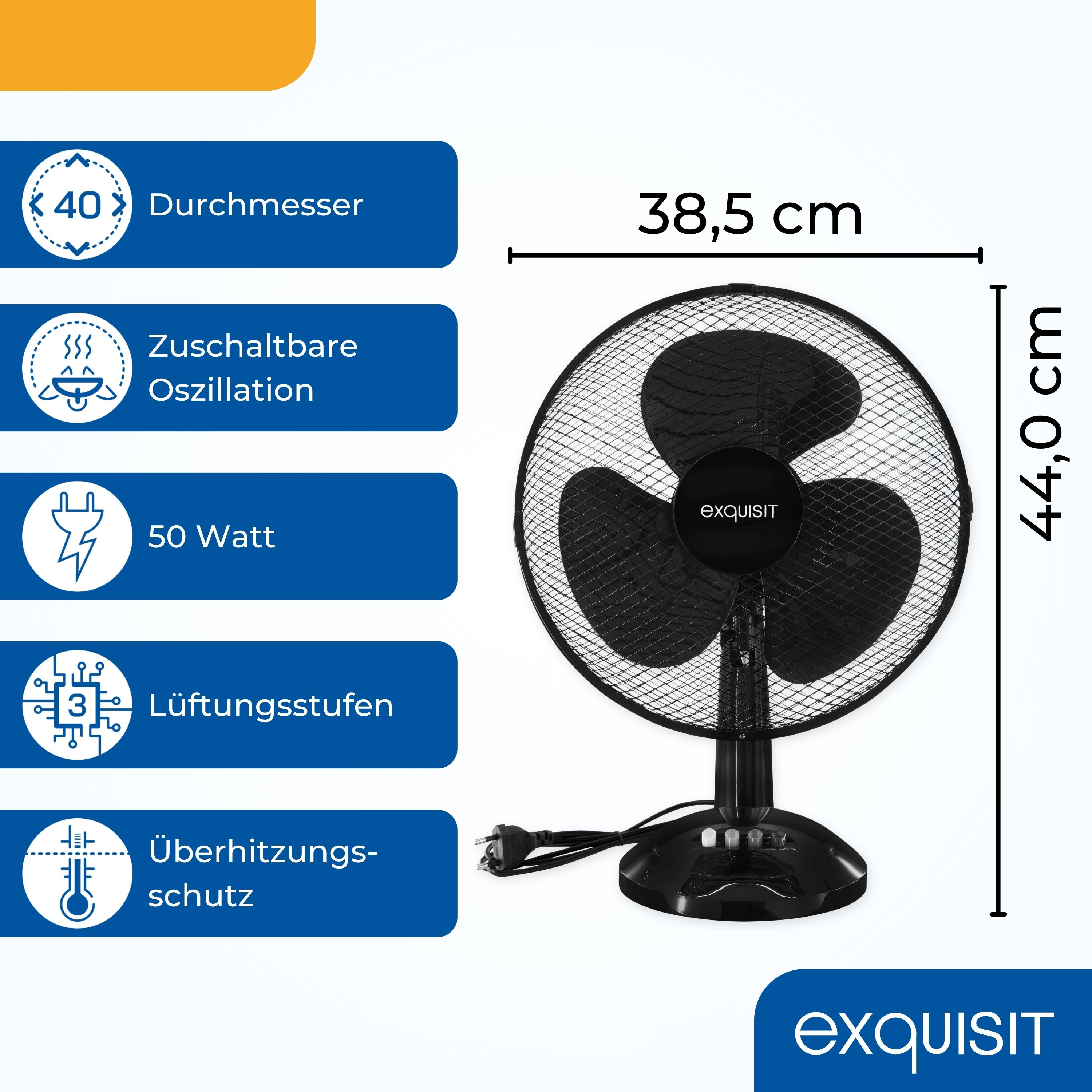 Ventilador de mesa negro, con información de diámetro, altura y vatios; incluye oscilación y protección contra sobrecalentamiento.
