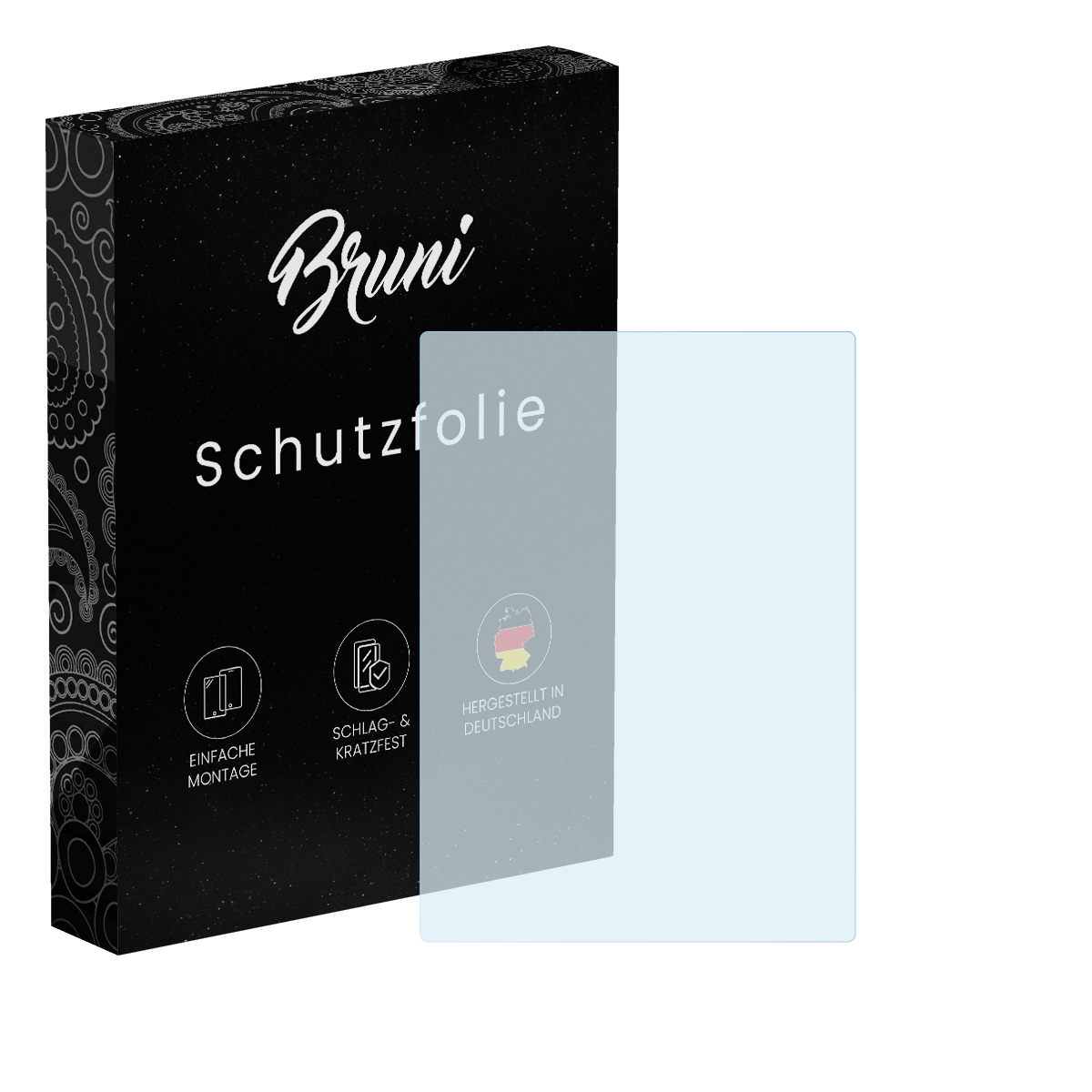 Schwarze Box mit 'Bruni' und 'Schutzfolie', mit Displayschutzfolie. Enthält Symbole und deutsche Flagge.