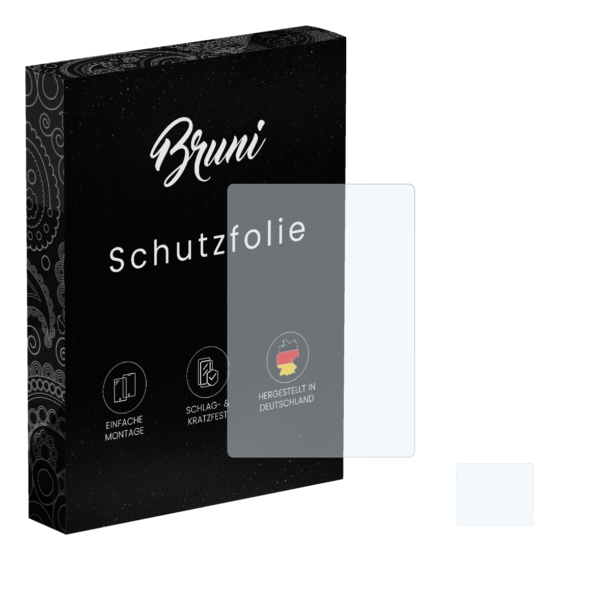 Schwarze Box mit Text und einem transparenten Displayschutz.
