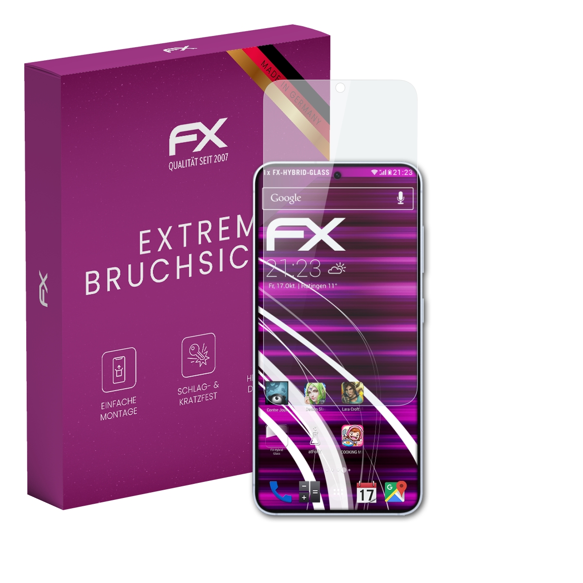 Lila Box und Telefon mit Displayschutz. Box sagt 'FX' und 'Extrem Bruchsic'.
