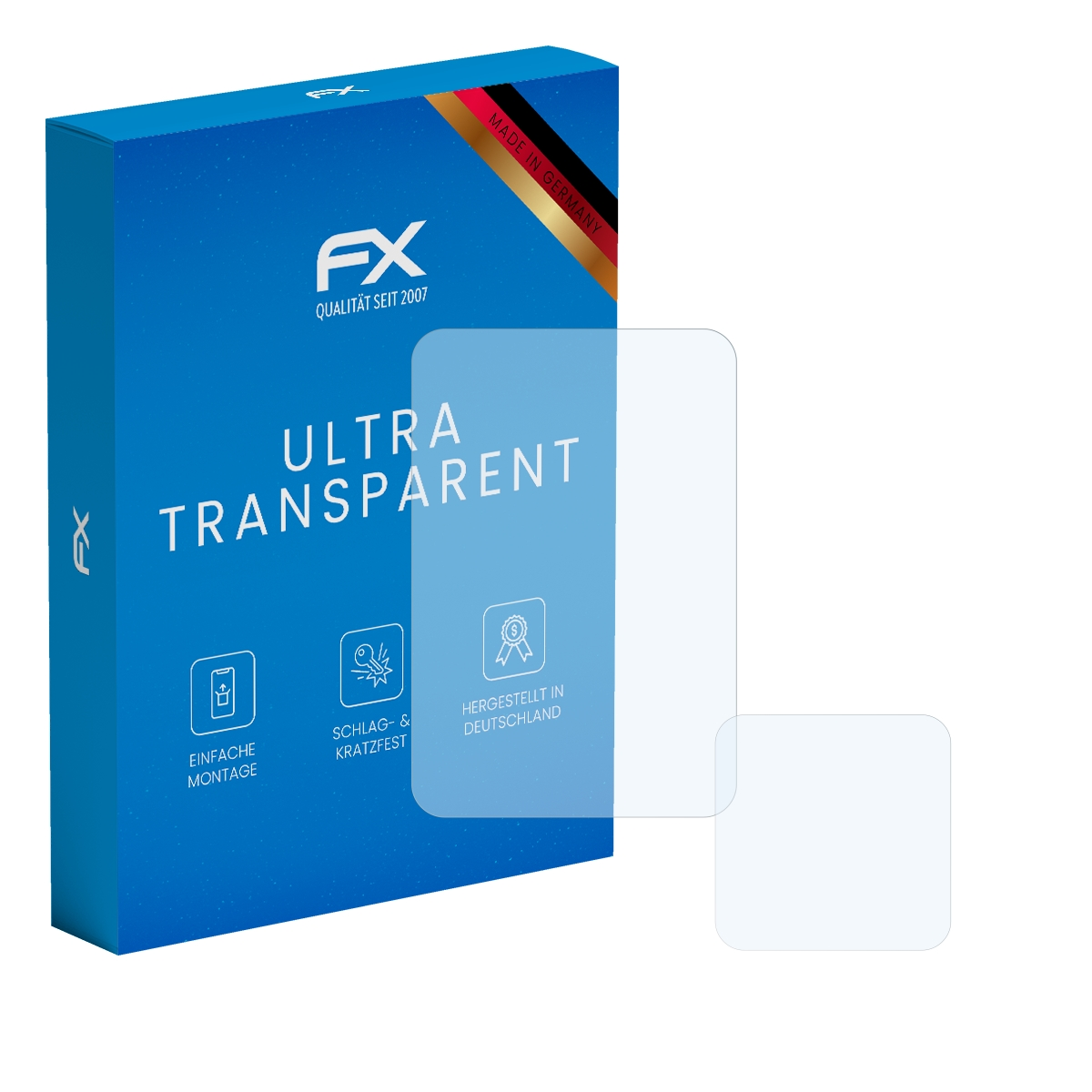 Blaue Box mit Displayschutz, Text: ULTRA TRANSPARENT. Symbole und Made in Germany Etikett.