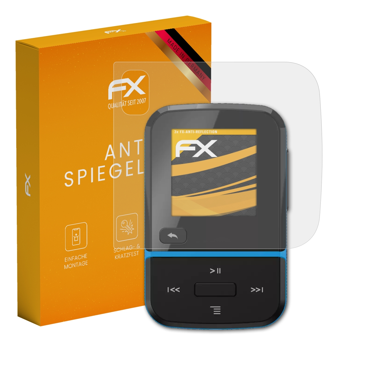 Orangefarbene Box neben einem MP3-Player mit Displayschutz. FX-Logo sichtbar.