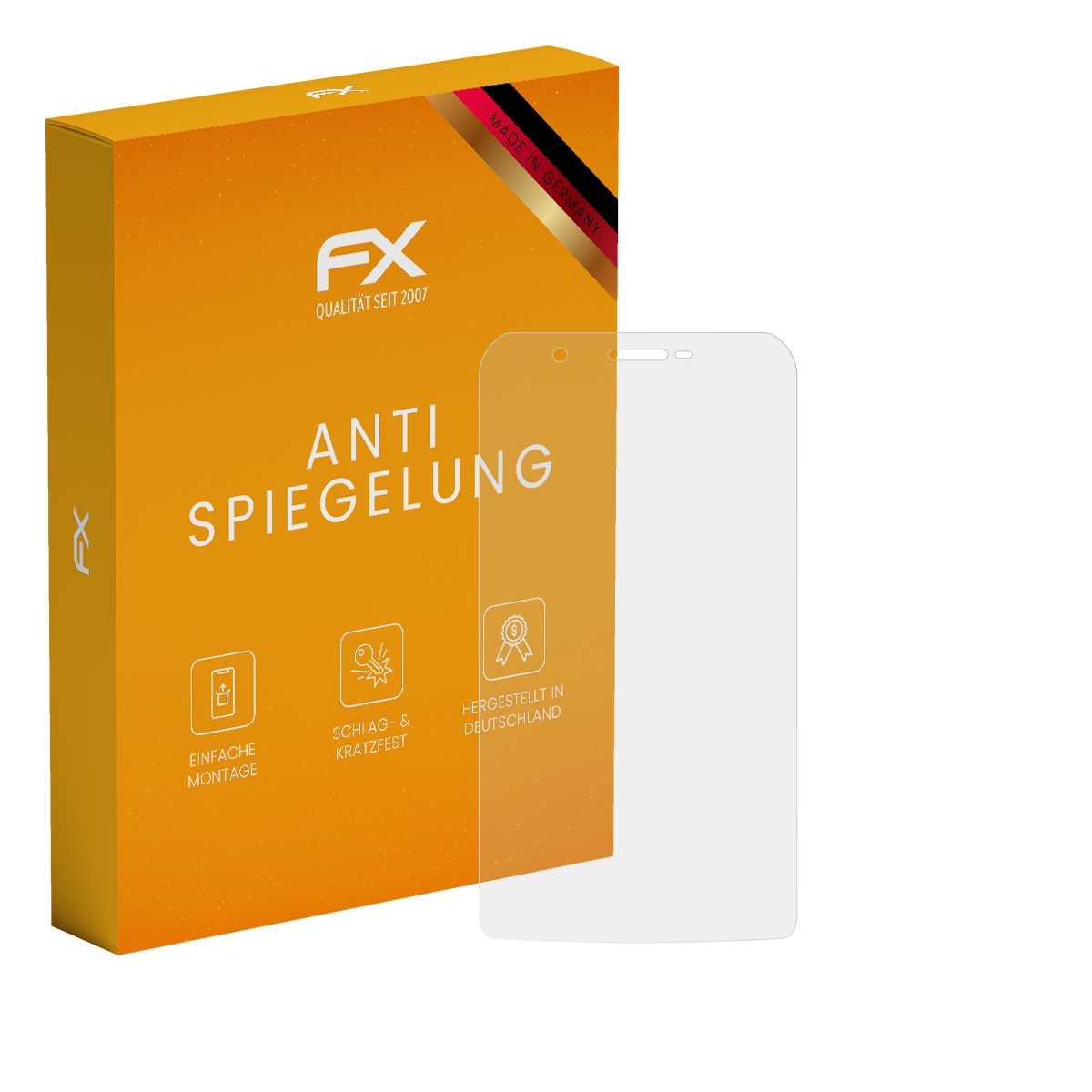 Eine orangefarbene Schachtel mit Displayschutz, beschriftet mit 'ANTI SPIEGELUNG'. Daneben klarer Schutz.