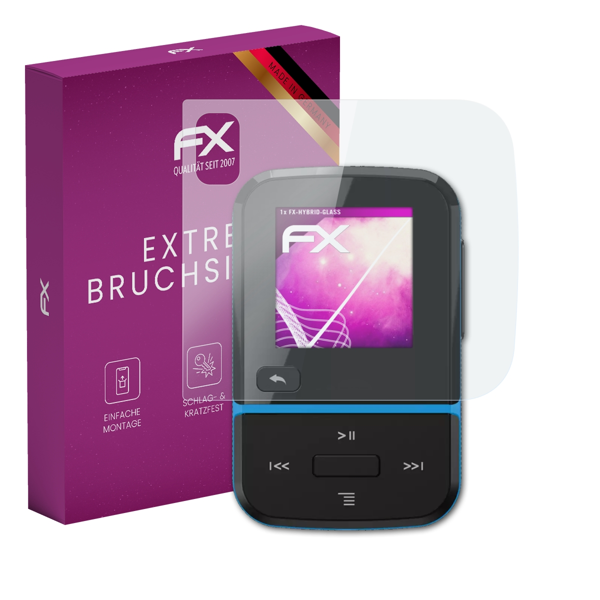 Eine lila Schachtel mit weißem Text und einem Displayschutz über einem Musikplayer.