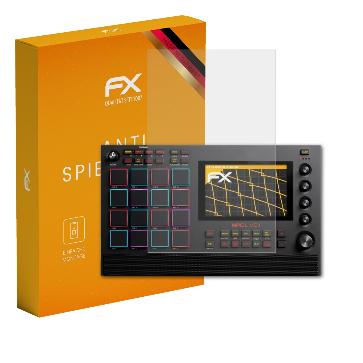 Orange Box und Musikgerät mit Schutz. Text: 'ANTI SPIEGELUNG'. Hergestellt in Deutschland.