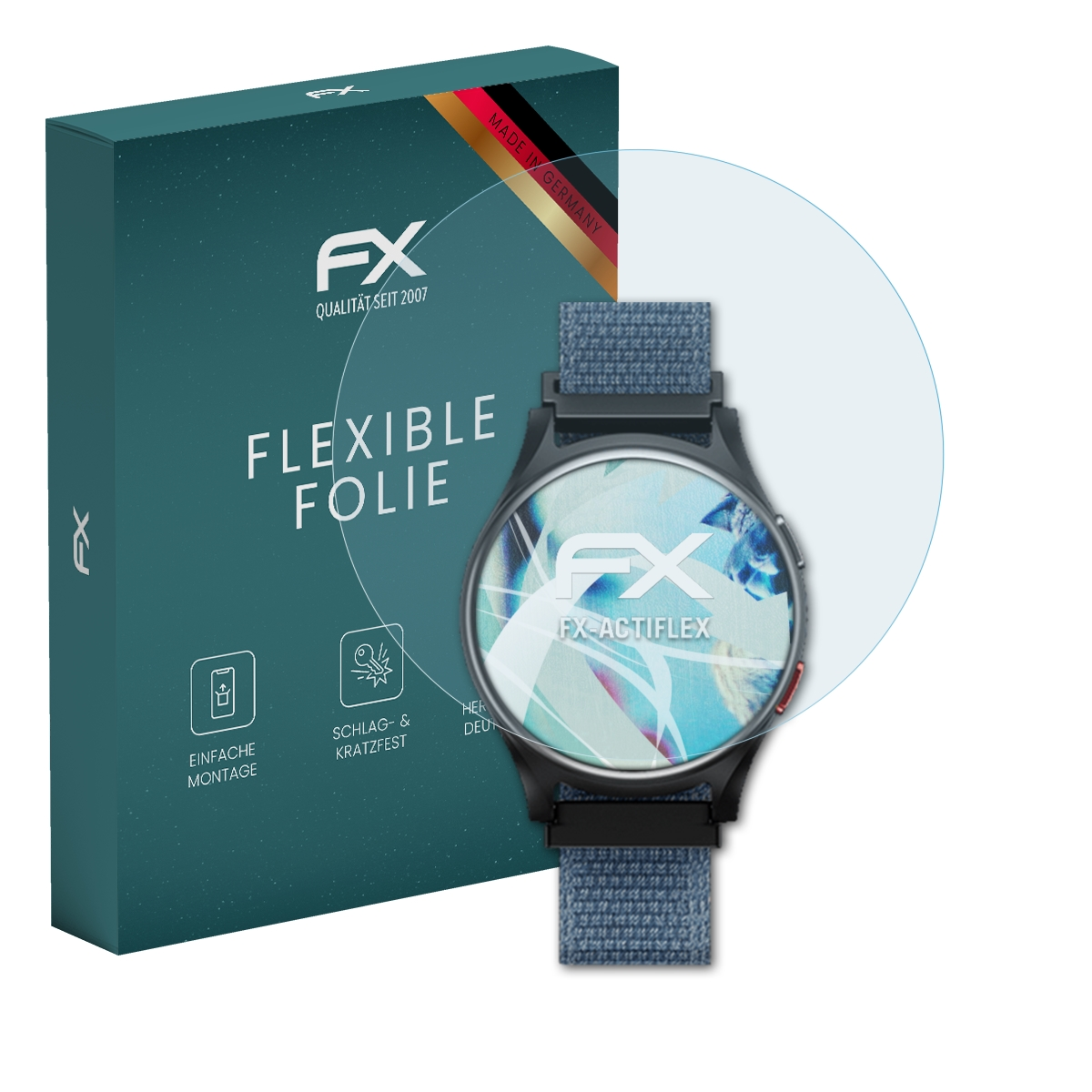 Dunkelgrüne Box mit Smartwatch und Displayschutz. 'FLEXIBLE FOLIE'. FX Logo.
