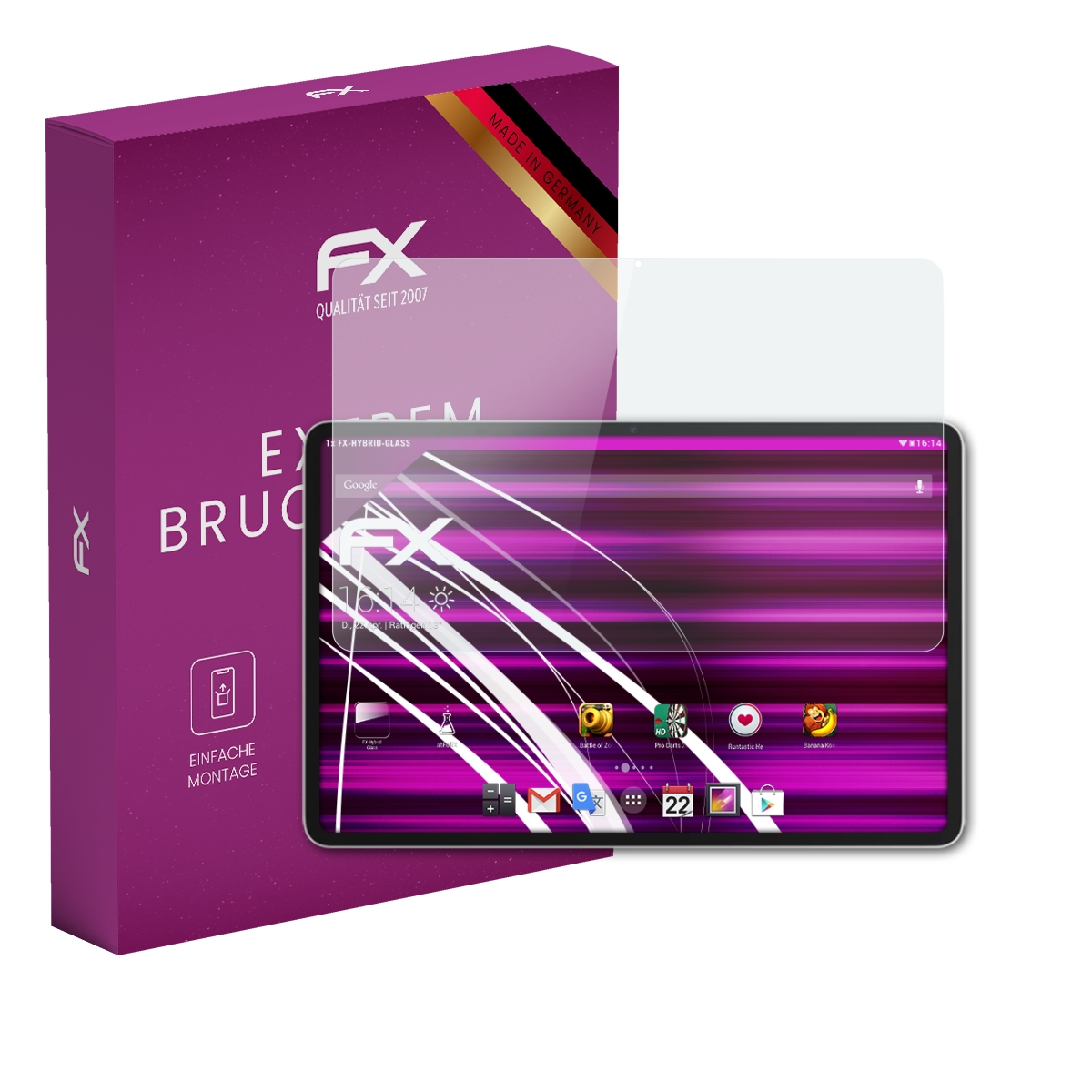 Eine lila Box, Tablet mit Benutzeroberfläche und ein klarer Displayschutz.