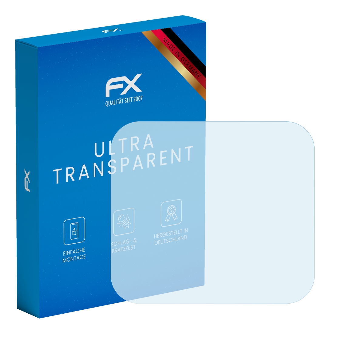 Blaue Box mit Displayschutzfolie. Die Box hat das FX-Logo und deutschen Text.