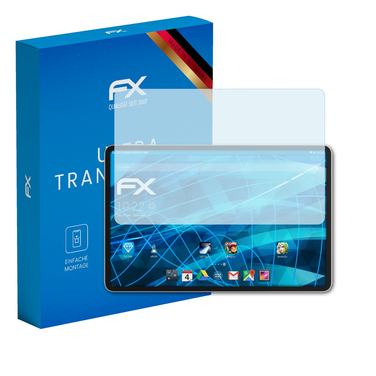 Blaue Box und Tablet mit Displayschutz. Tablet zeigt App-Symbole und Uhrzeit.