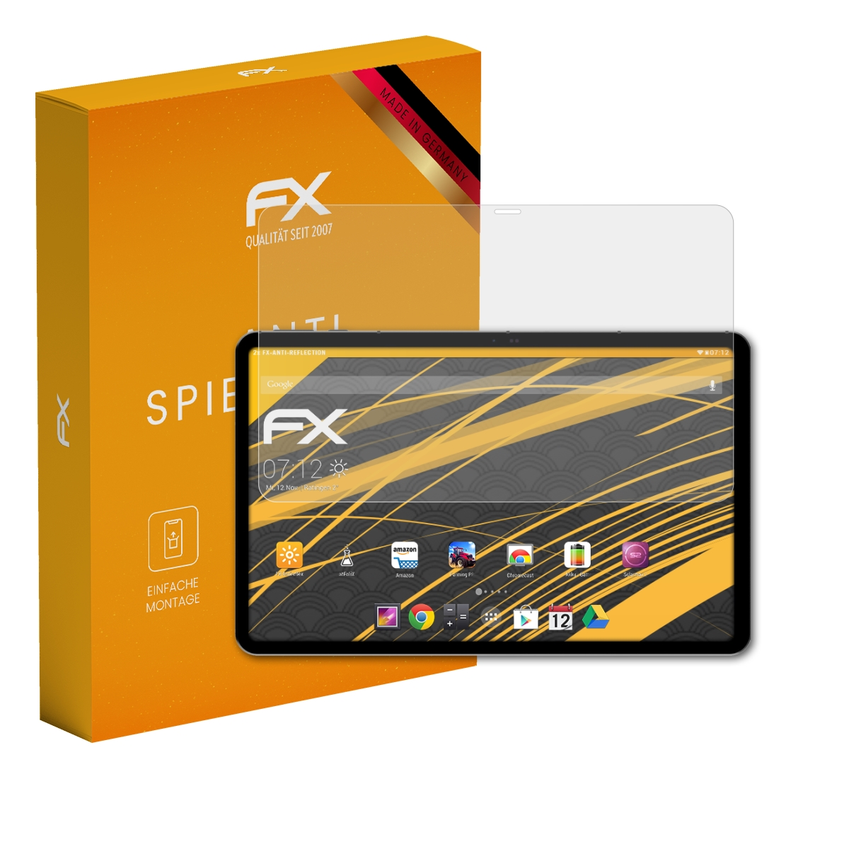 Tablet mit Displayschutz. Das Tablet zeigt einen App-Bildschirm. Orange Box mit Text 'ANTI SPIEGELUNG'.