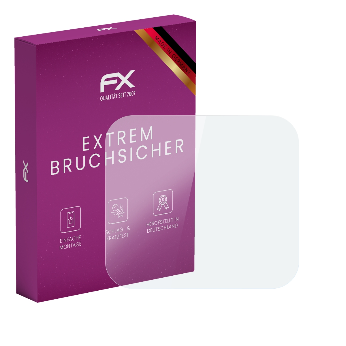 Lila Box mit 'EXTREM BRUCHSICHER' und daneben liegendem Displayschutz.