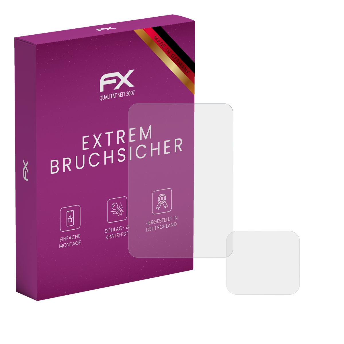 Eine violette Box mit dem Text 'EXTREM BRUCHSICHER'. Daneben befindet sich eine klare Displayschutzfolie.