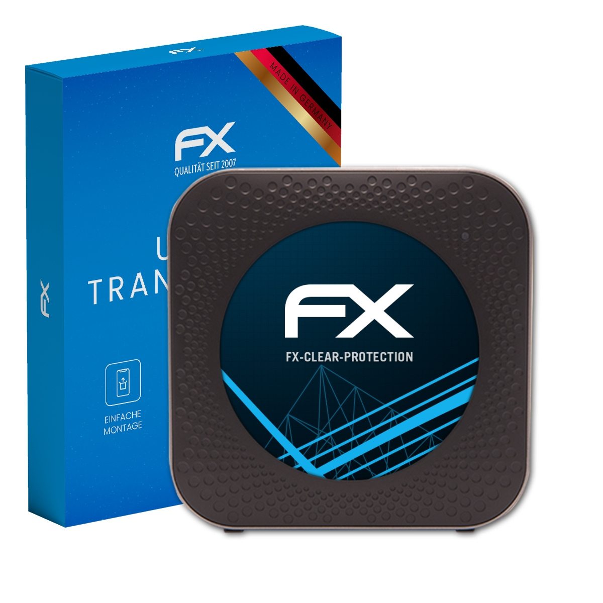 Blaue Box und dunkelgraues Pad mit weißem FX-Logo. FX-Clear-Protection.