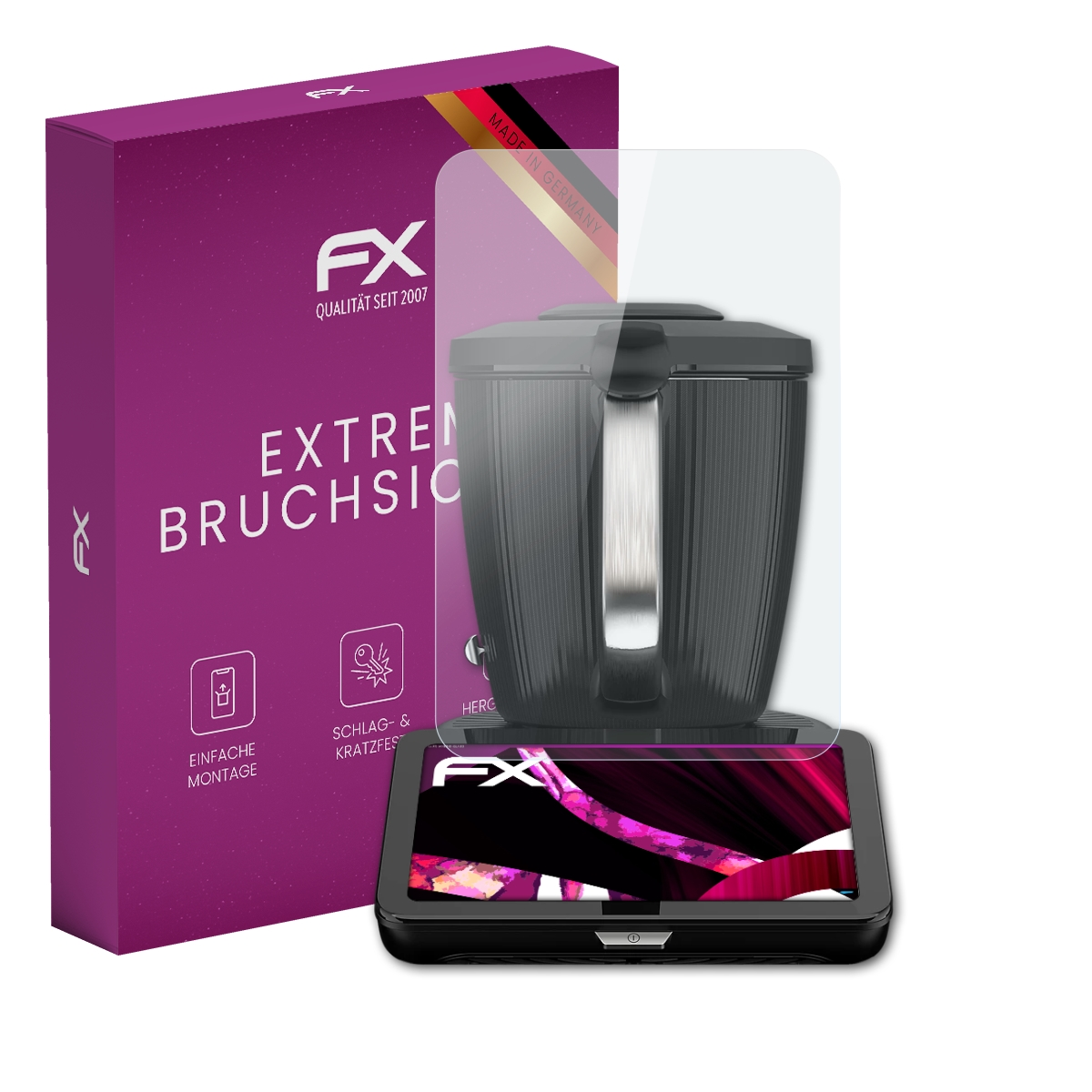 Lila Box, weißer Text, ein schwarzes Gerät und Displayschutz.