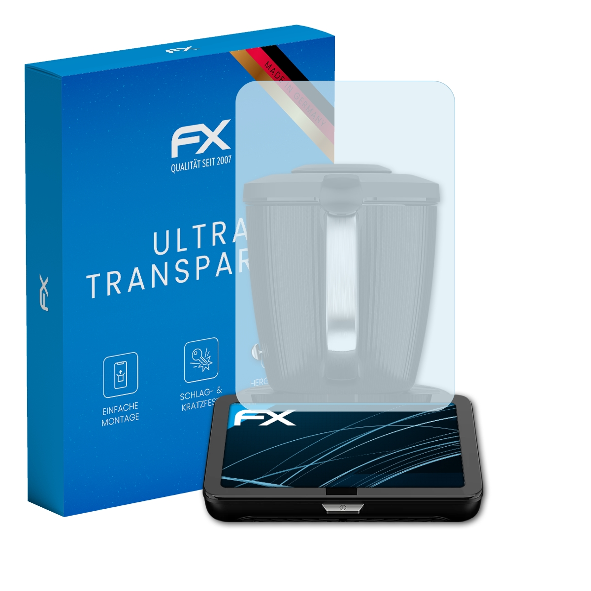 Blaue Box mit Displayschutzfolie vor einem Gerät. Deutscher Text.