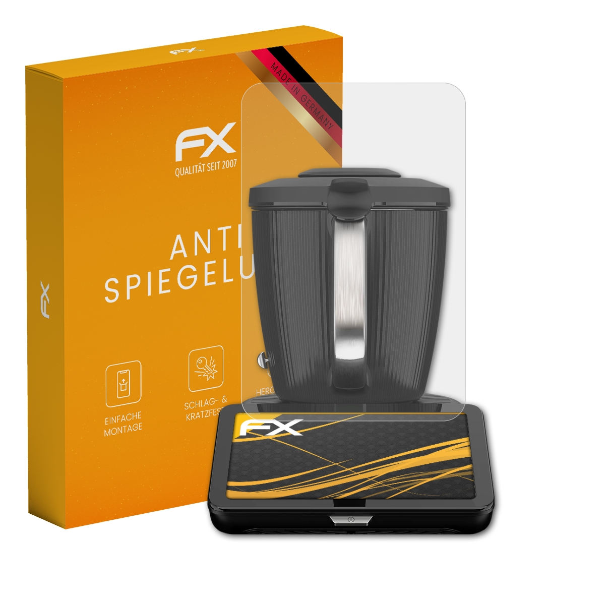 Orange Box mit Displayschutzfolie, einem schwarzen Gerät und weißem Hintergrund. Text: 'Anti Spiegelung'.