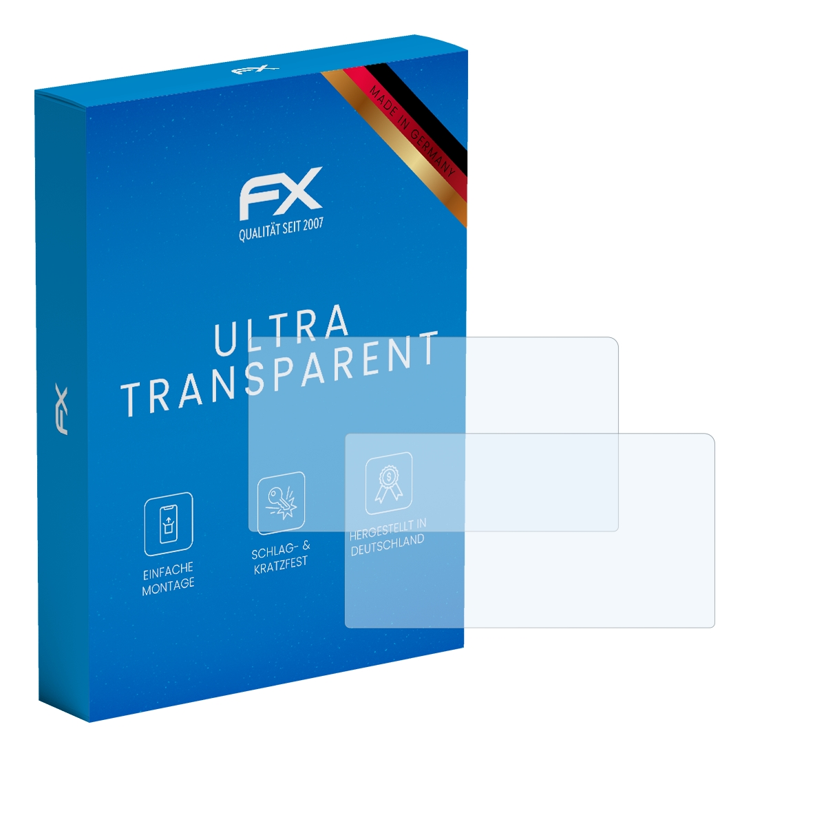 Eine blaue Box mit zwei Displayschutzfolien und Text 'ULTRA TRANSPARENT'. Hergestellt in Deutschland.
