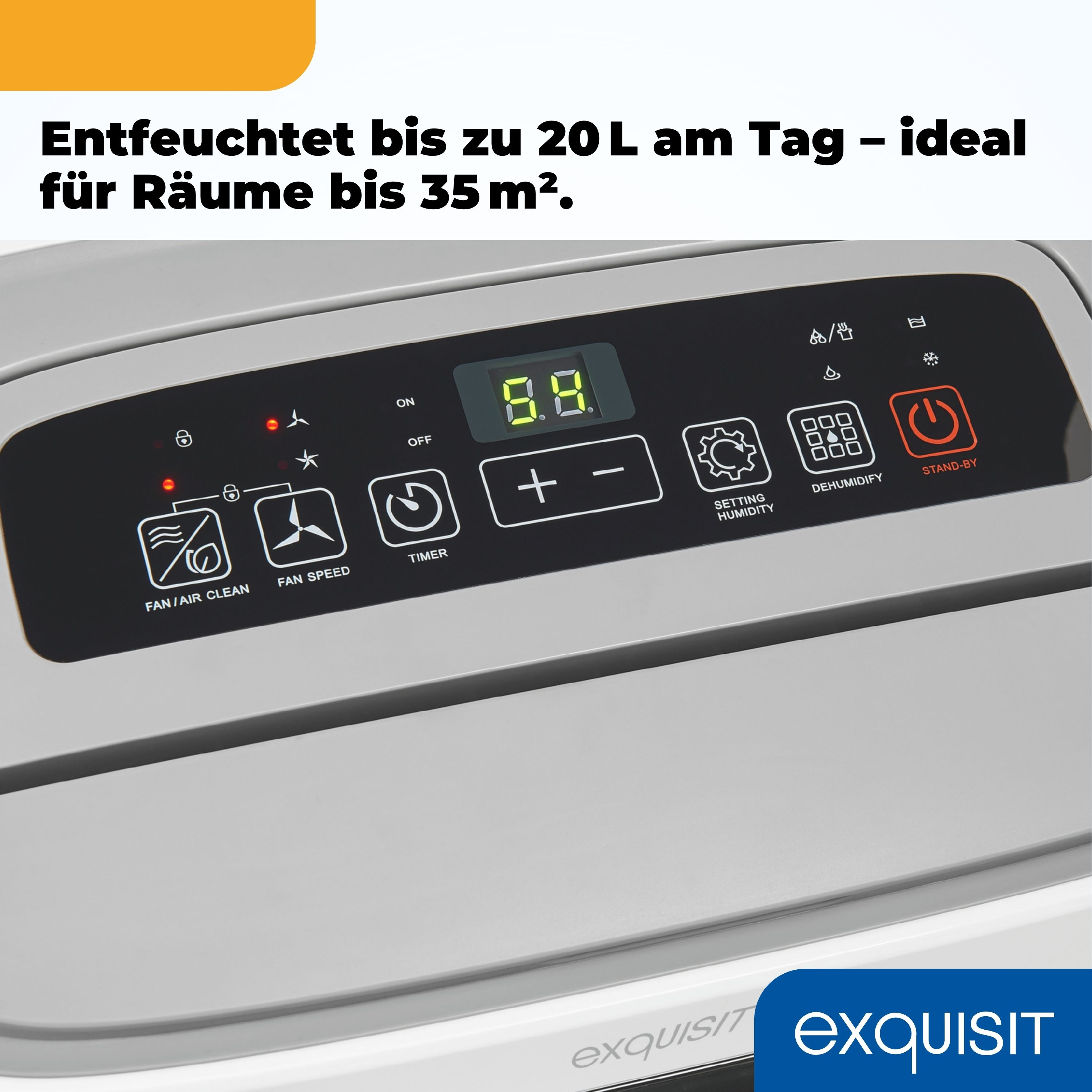 Entfeuchter-Bedienfeld, zeigt Digitalanzeige und Tasten.