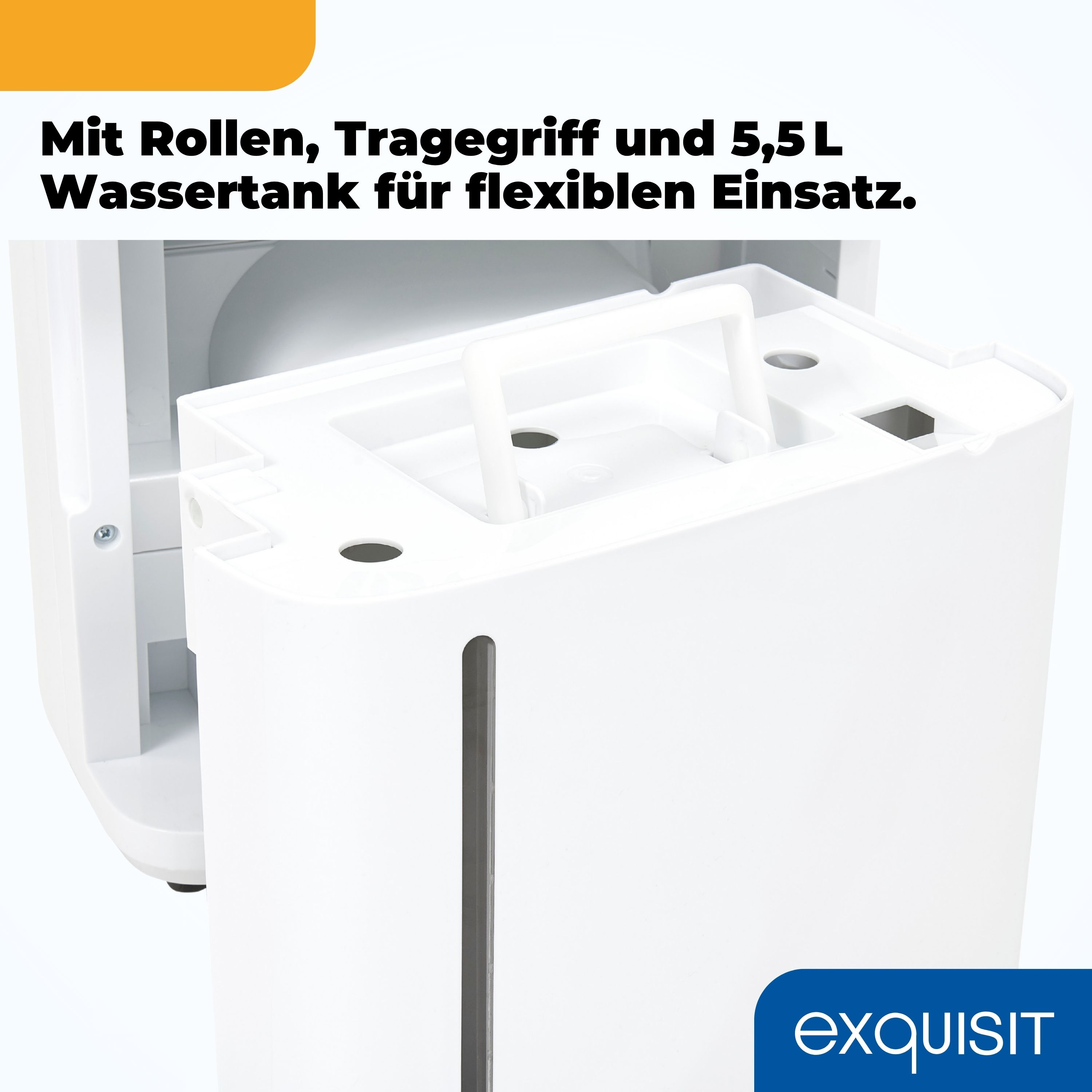 Weißer Luftentfeuchter mit Griff und Tank auf weißem Hintergrund.