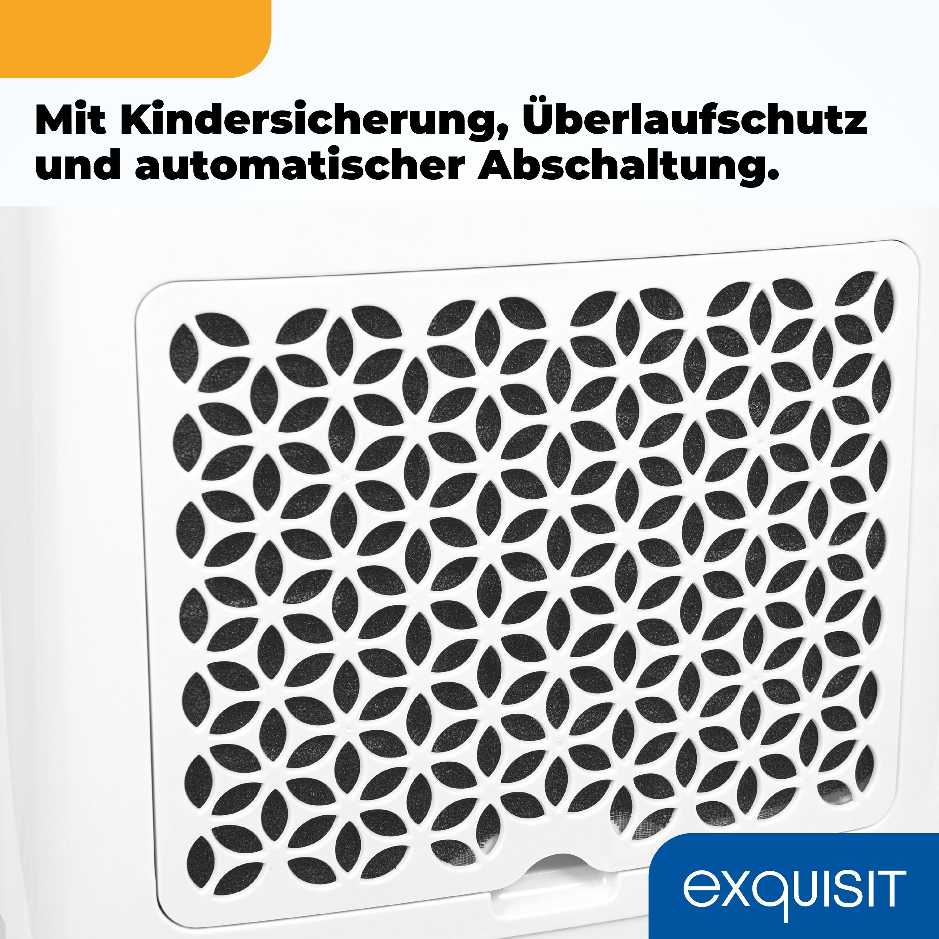 Luftfilter des Luftentfeuchters, mit weißem Rahmen und schwarzem Filter.