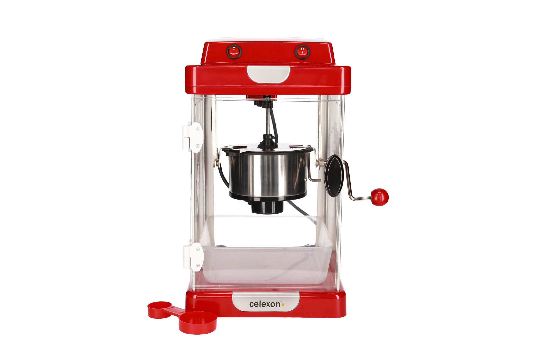 Roter und klarer Popcornmaker. Er hat einen Edelstahlkochtopf und einen Drehgriff.