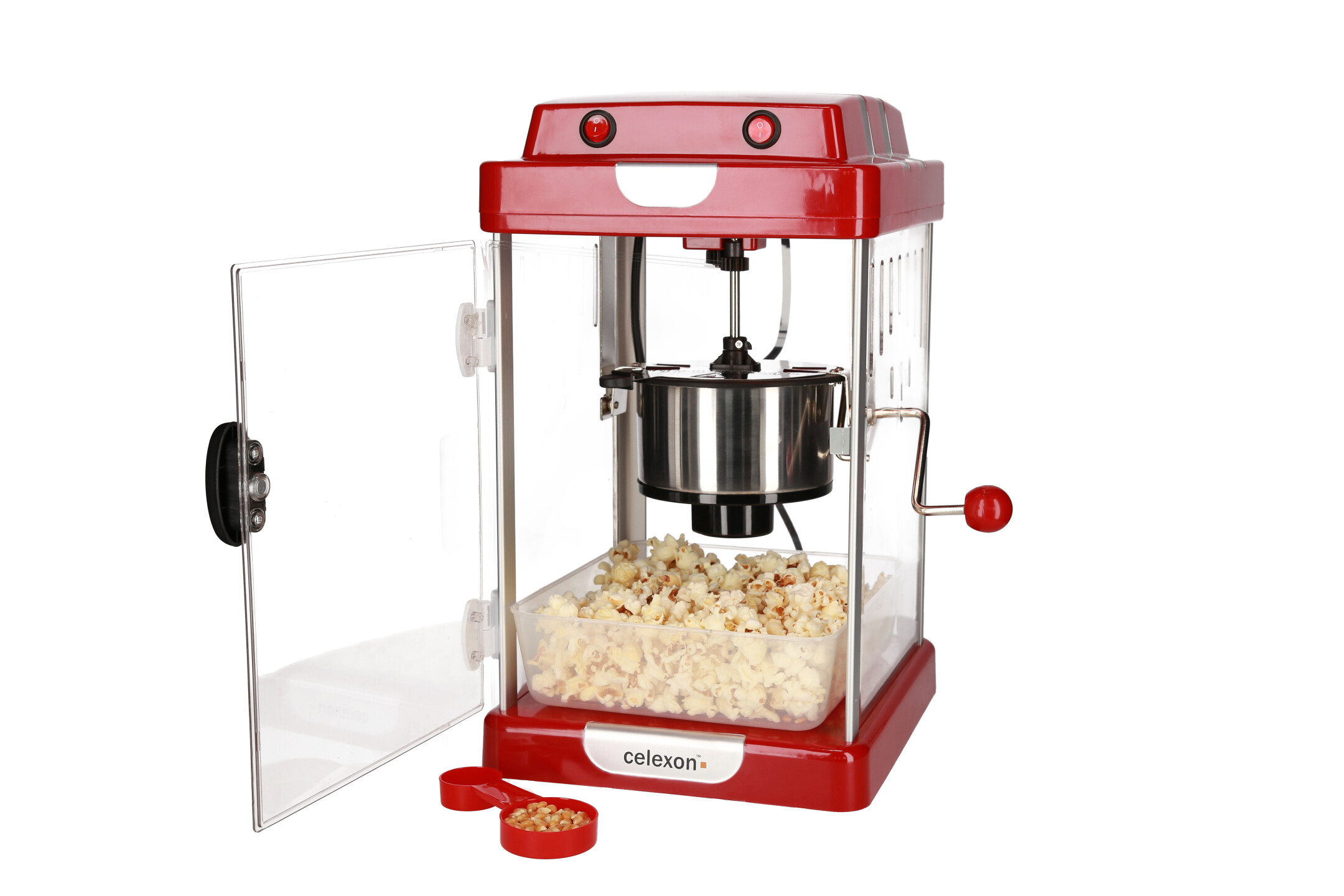 Roter Popcornbereiter mit klarer Tür, Popcorn im Behälter und Messlöffel.