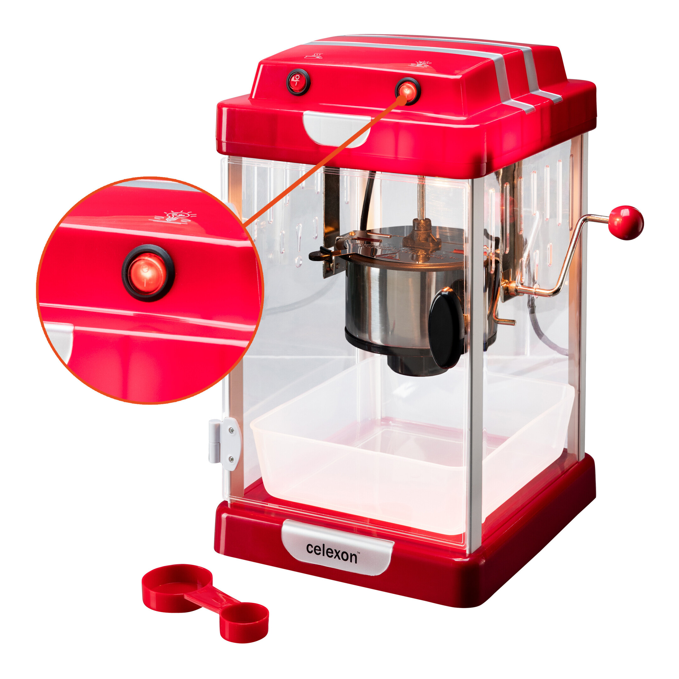 Roter Popcornmaker mit Lupe, die den rot leuchtenden Einschaltknopf zeigt.