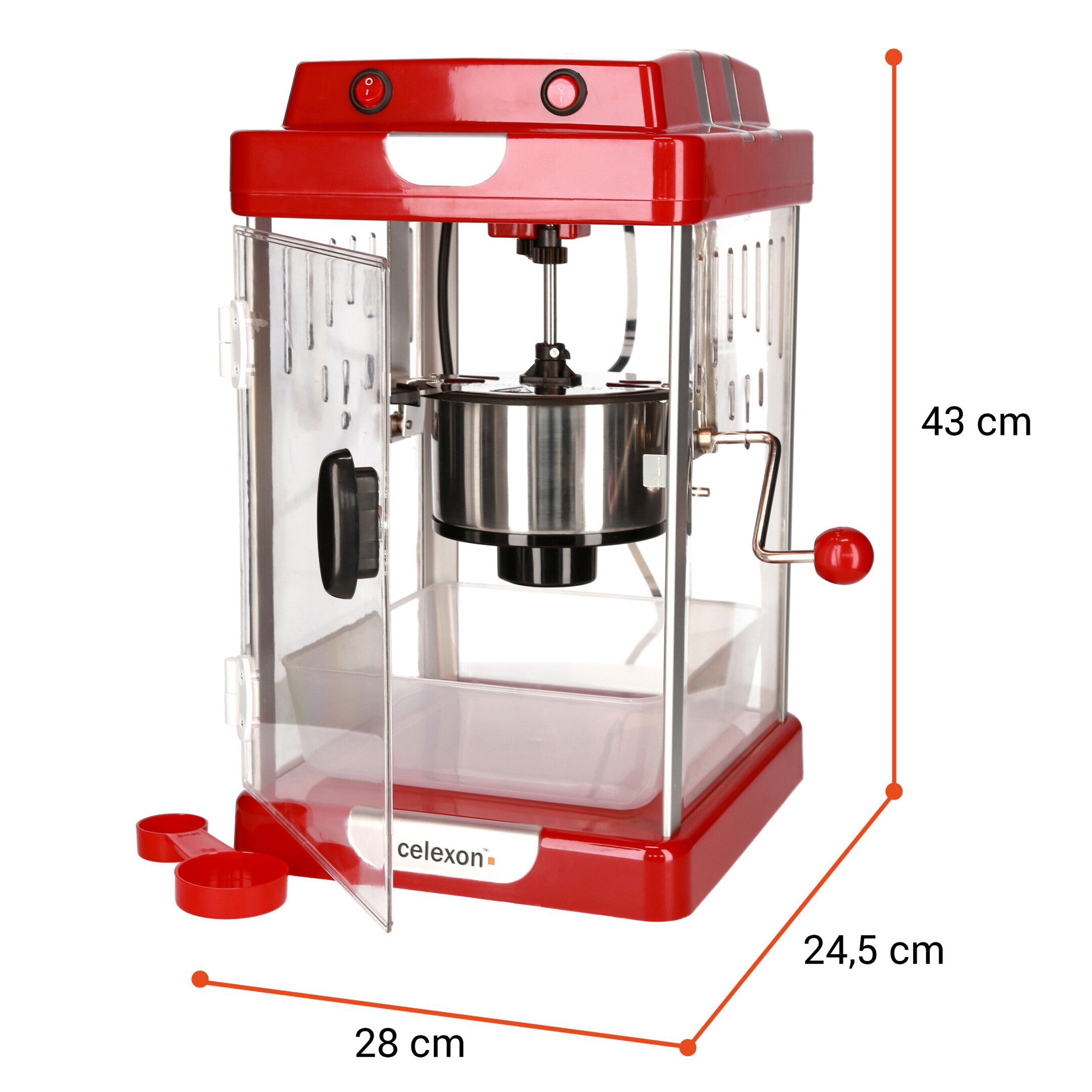 Roter Popcornbereiter mit Maßangaben. Die Maße sind 28 cm, 24,5 cm und 43 cm.