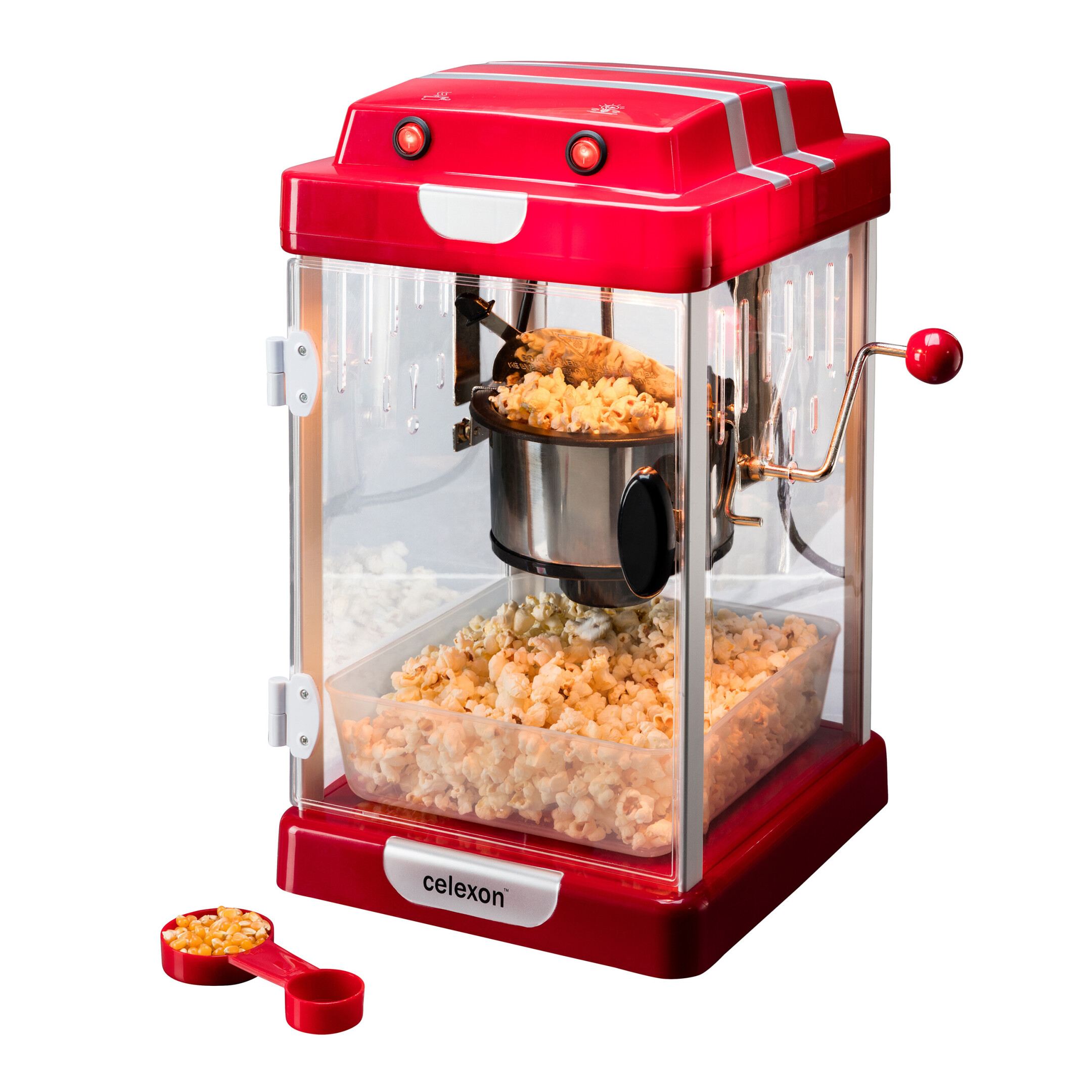 Roter Popcornbereiter mit Popcorn, Messlöffel und Nahaufnahme des Inneren.