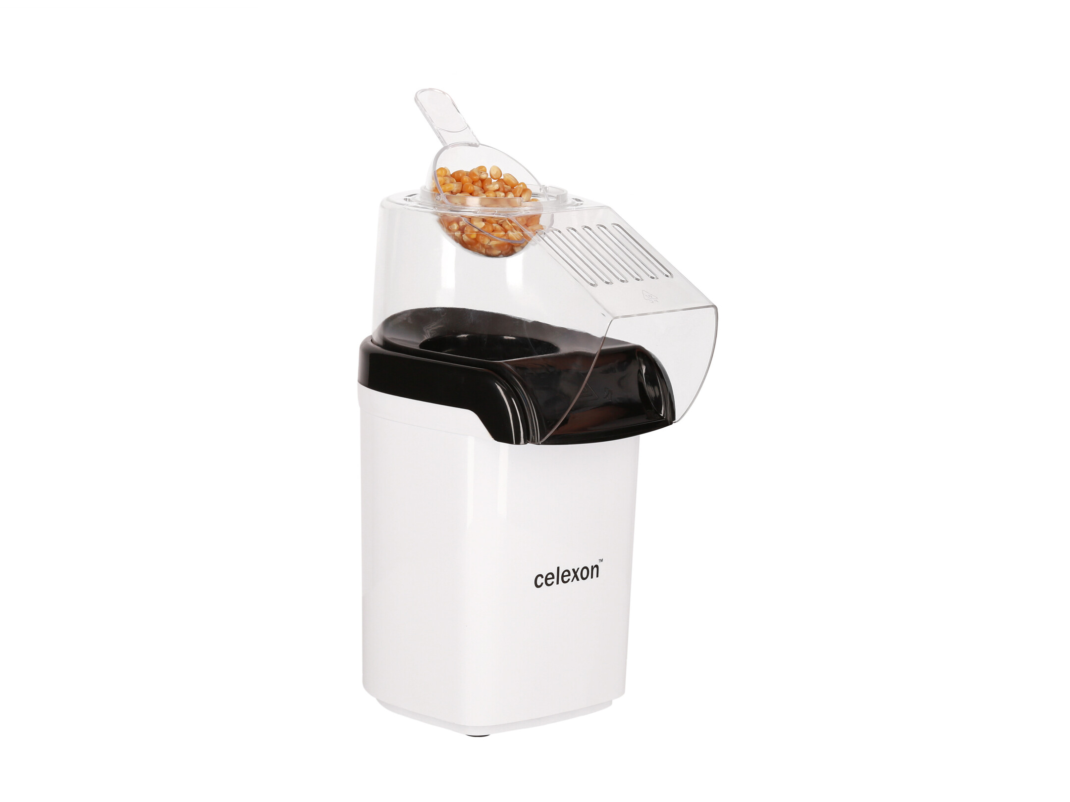 Popcorn-Maker mit Popcorn und Maiskörnern darin.