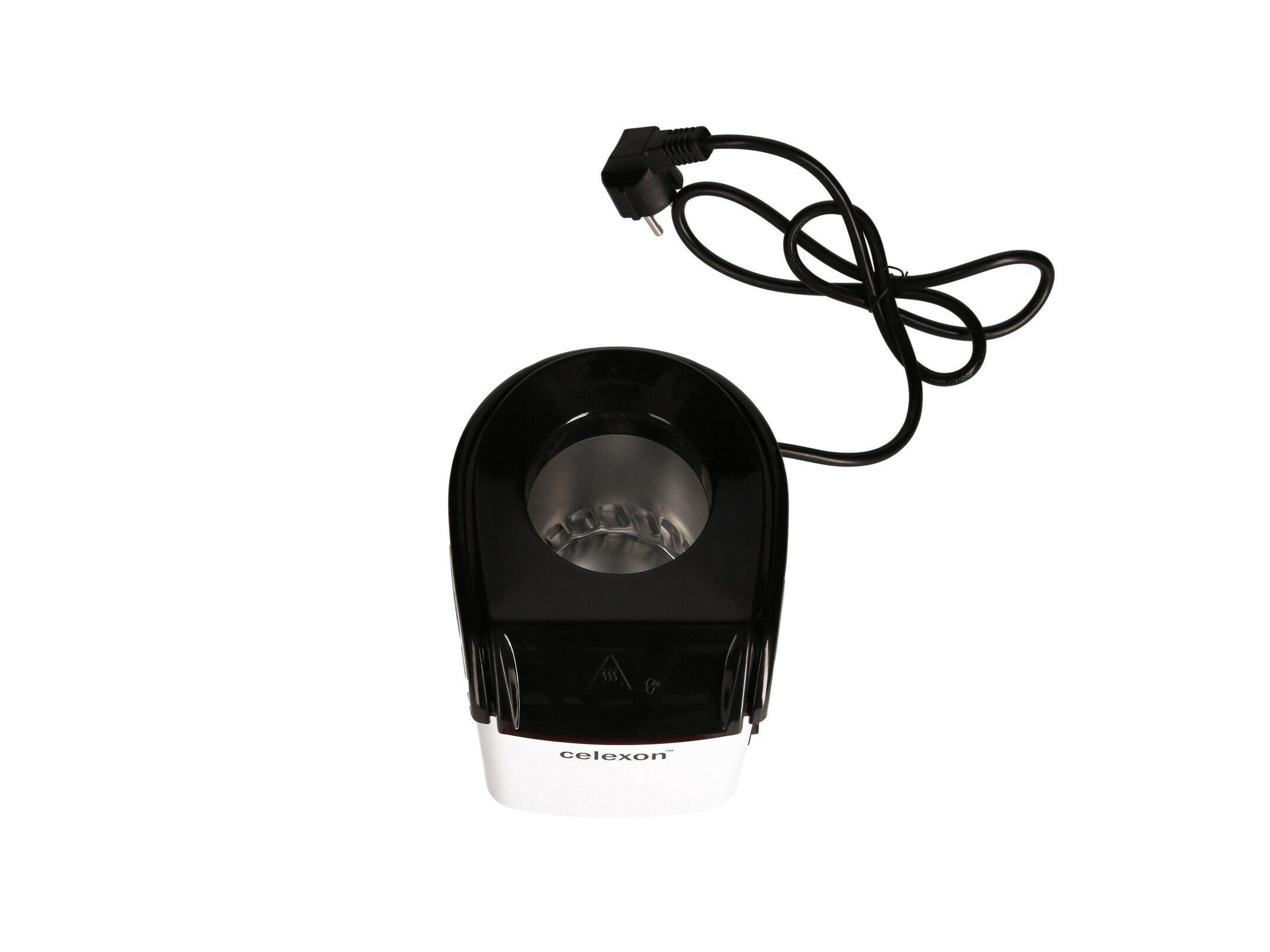 Ein Popcorn-Maker wird von oben gezeigt, mit einem schwarzen Stromkabel und Stecker oben rechts.