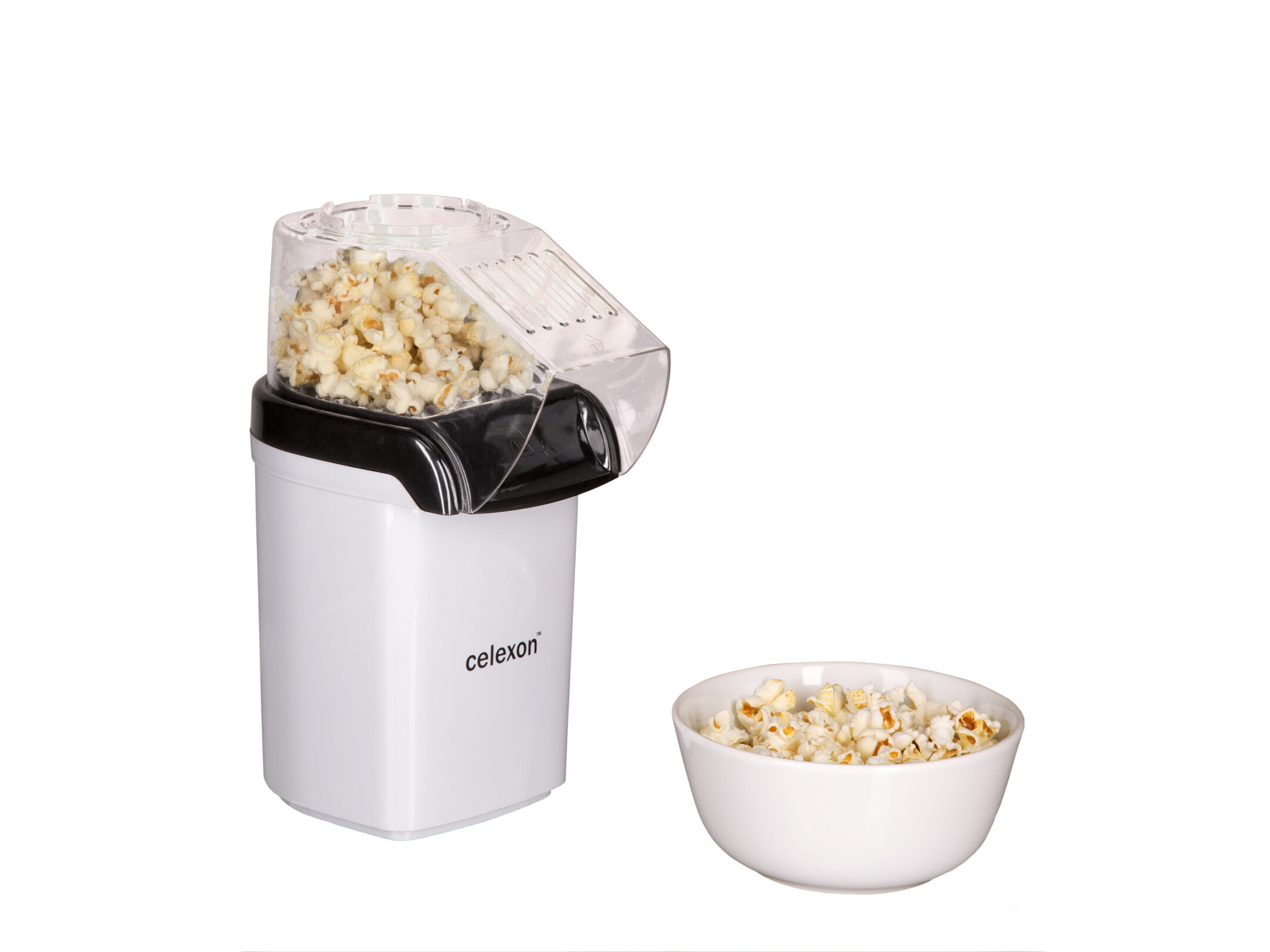 Popcorn-Maker mit Popcorn und einer Schüssel Popcorn.