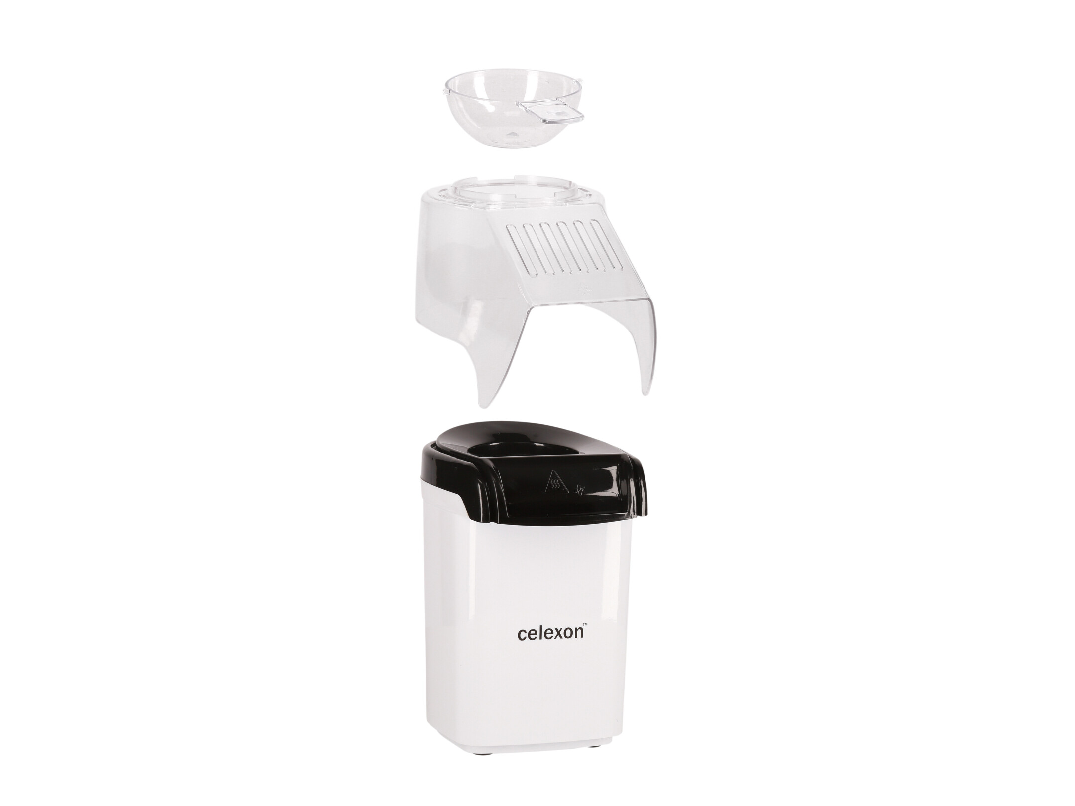 Das Bild zeigt einen zerlegten weißen Popcorn-Maker mit schwarzen Akzenten, der seine Komponenten und sein Design hervorhebt.